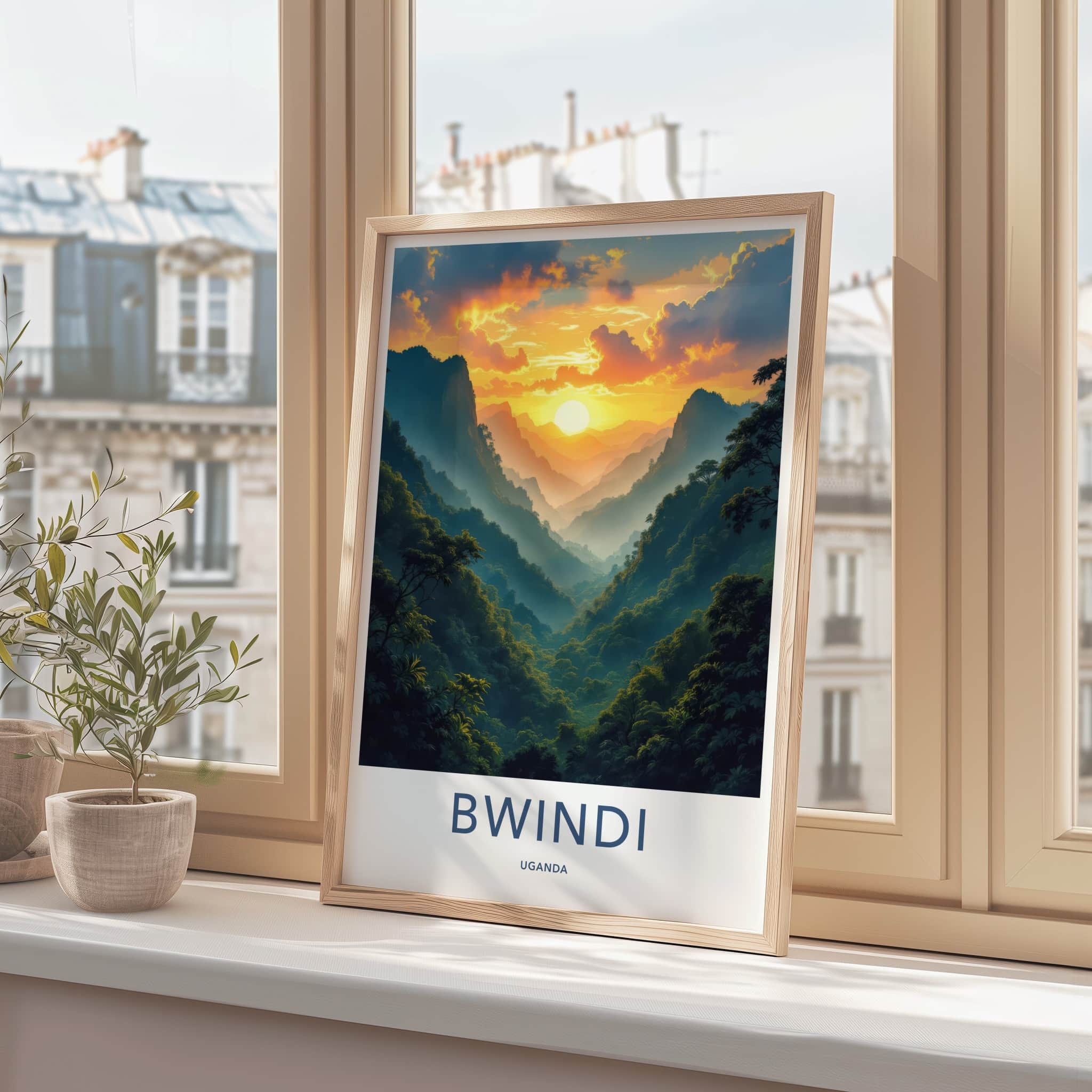 Bwindi Poster - Uganda Travel Art - Misty Mountain Sunset Home Decor