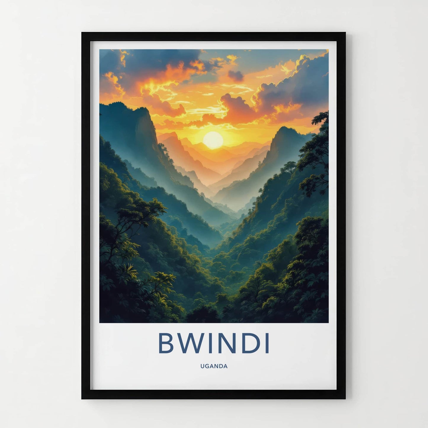 Bwindi Poster - Uganda Travel Art - Misty Mountain Sunset Home Decor