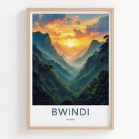 Bwindi Poster - Uganda Travel Art - Misty Mountain Sunset Home Decor