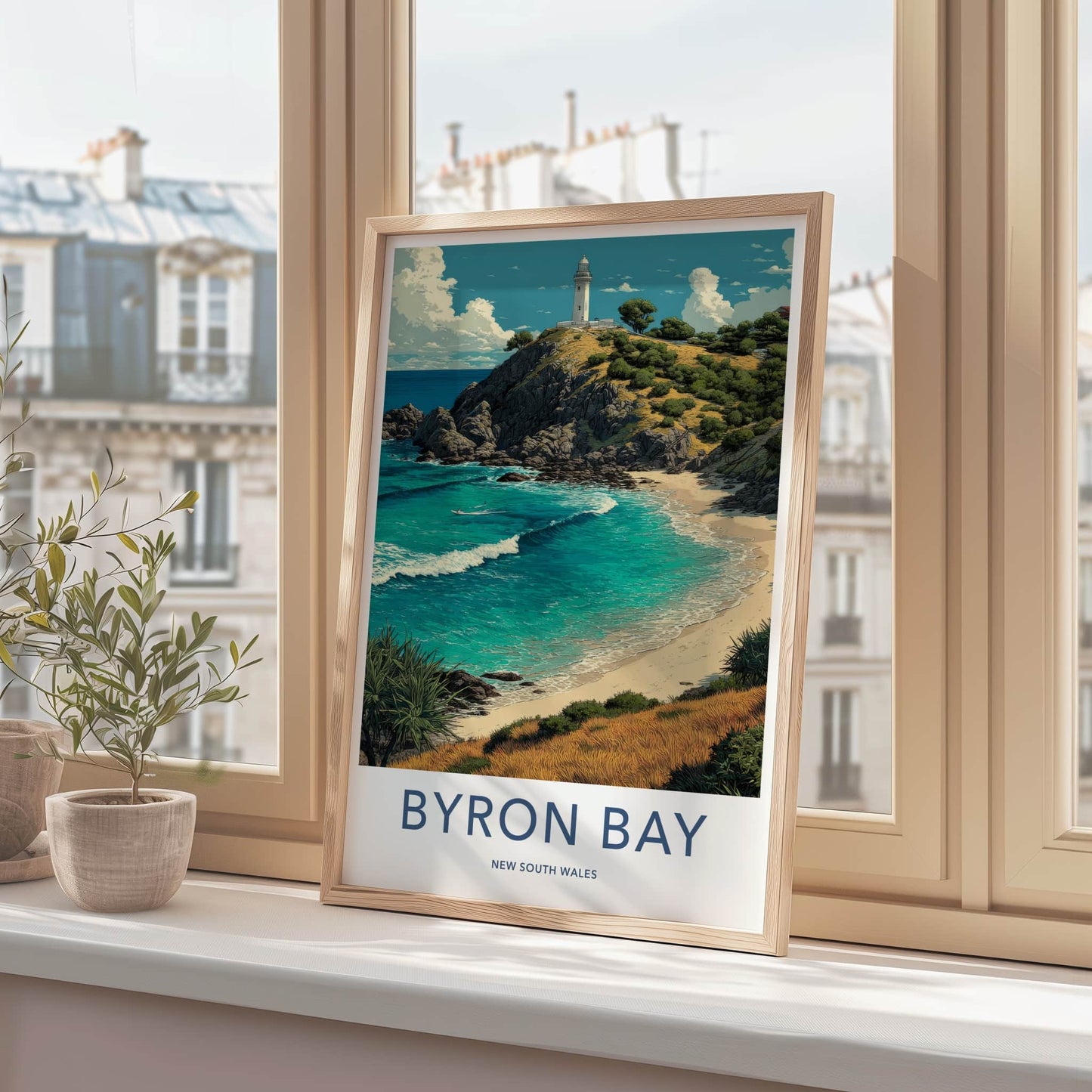 Byron Bay Poster - Australia Travel Art - Coastal Cliff Lighthouse Home Decor
