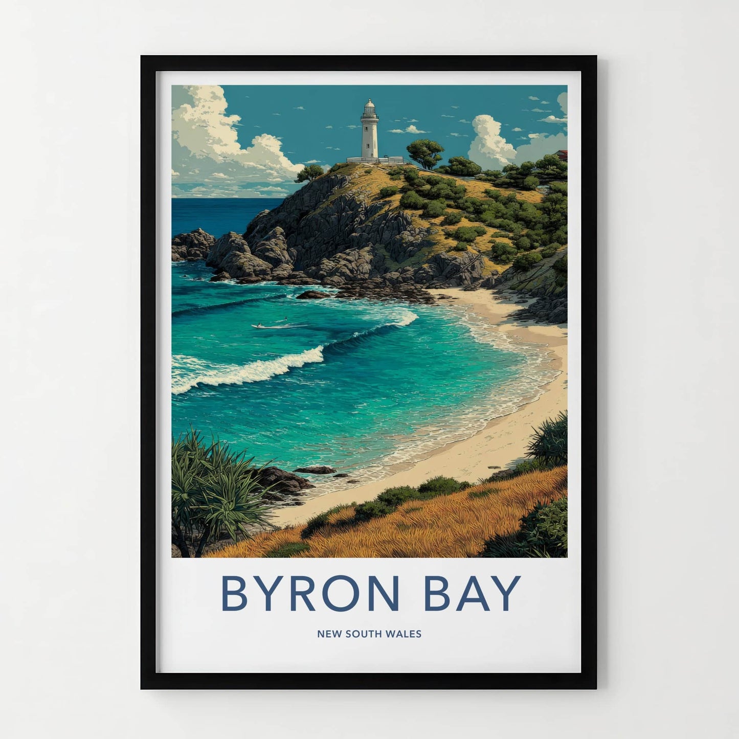 Byron Bay Poster - Australia Travel Art - Coastal Cliff Lighthouse Home Decor