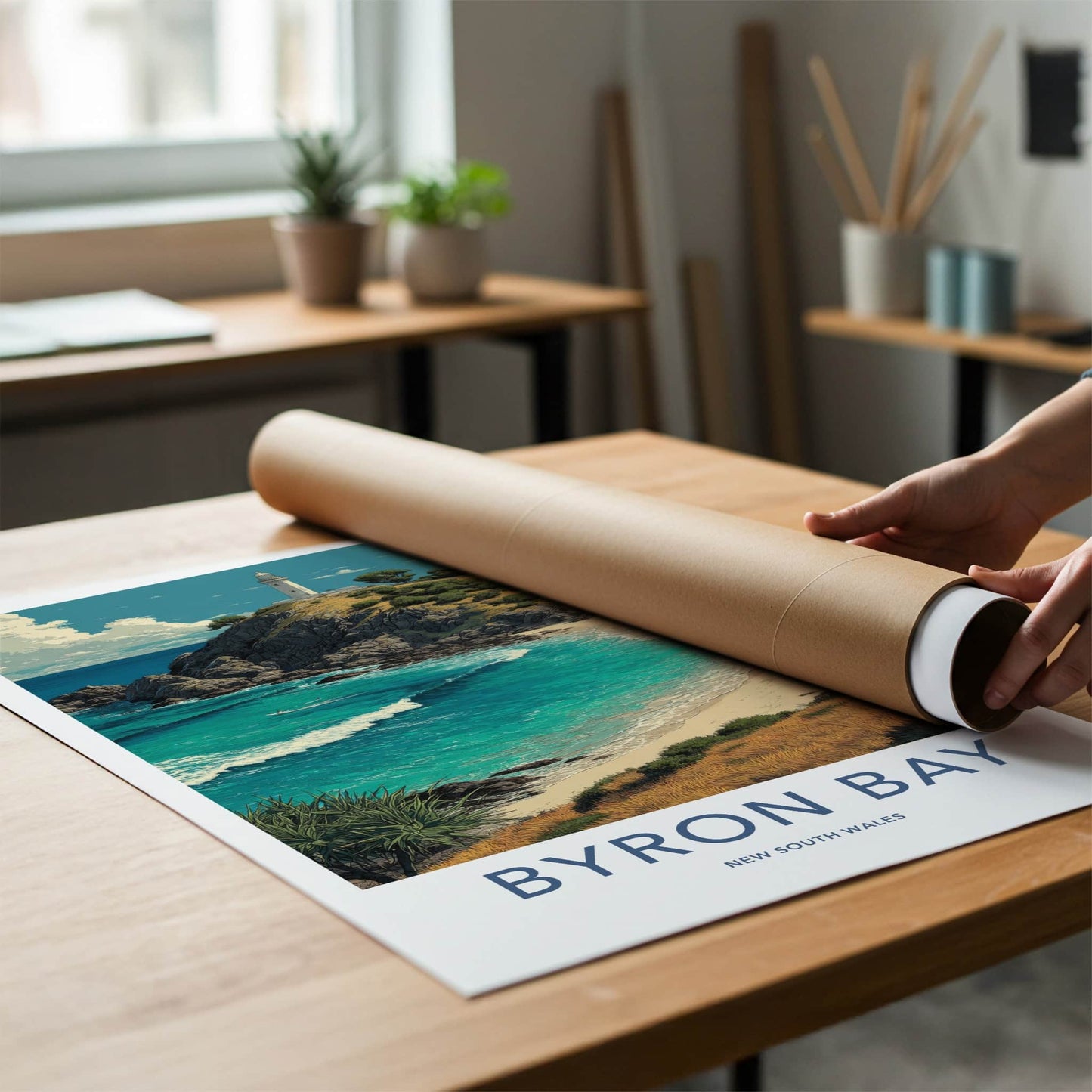 Byron Bay Poster - Australia Travel Art - Coastal Cliff Lighthouse Home Decor