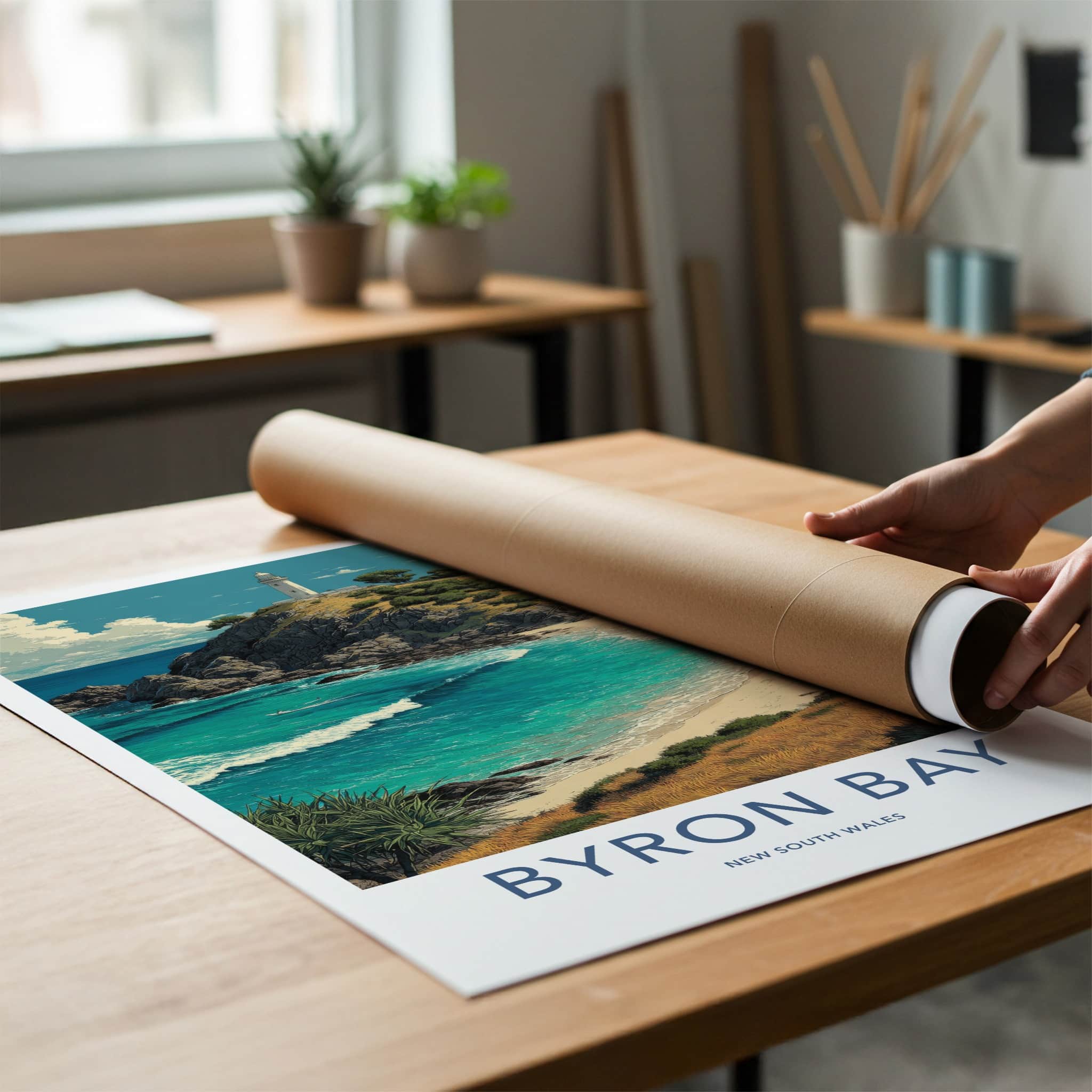 Byron Bay Poster - Australia Travel Art - Coastal Cliff Lighthouse Home Decor
