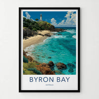 Byron Bay Poster - Australia Travel Art - White Lighthouse Seascape Home Decor