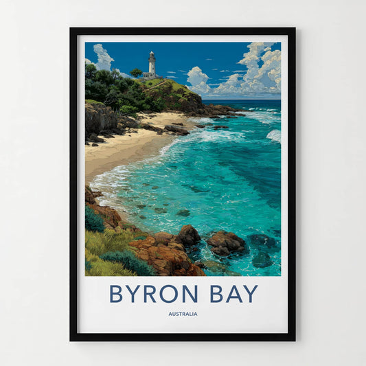 Byron Bay Poster - Australia Travel Art - White Lighthouse Seascape Home Decor