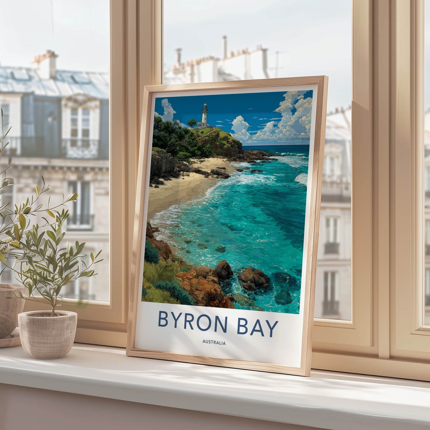 Byron Bay Poster - Australia Travel Art - White Lighthouse Seascape Home Decor
