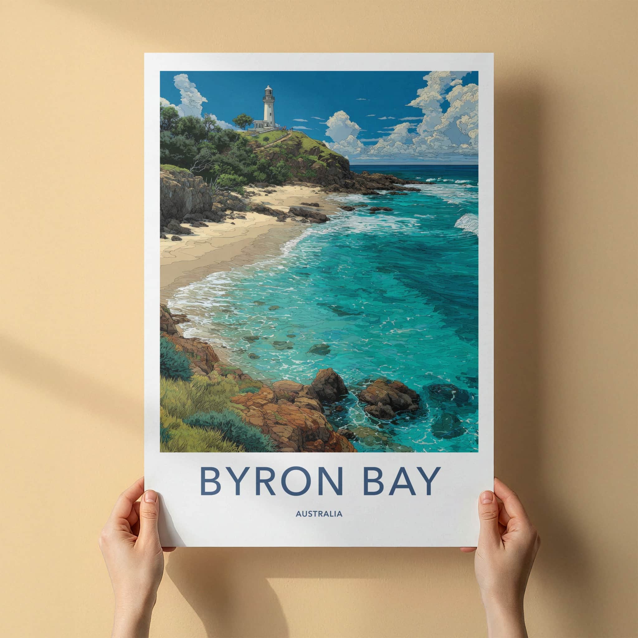 Byron Bay Poster - Australia Travel Art - White Lighthouse Seascape Home Decor
