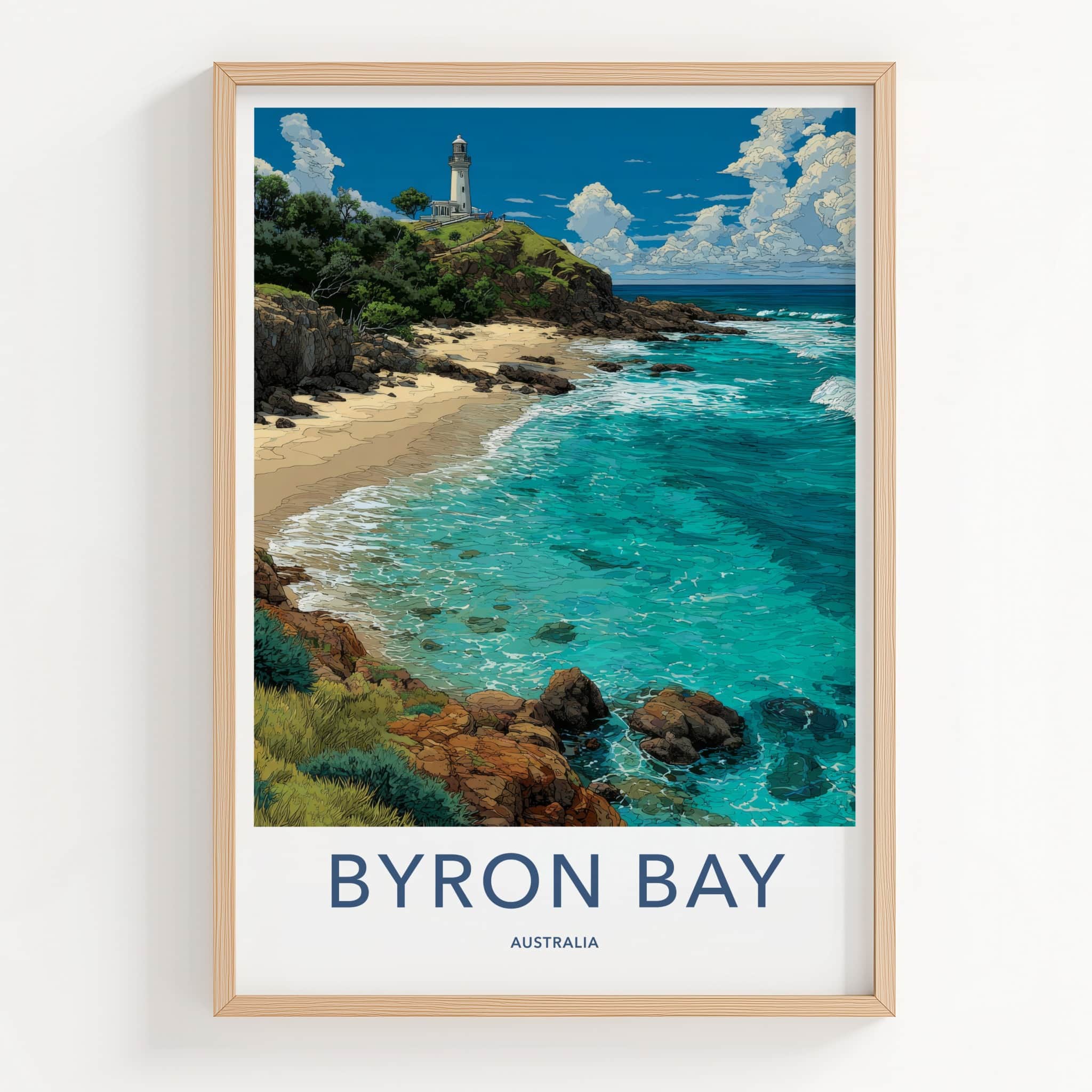 Byron Bay Poster - Australia Travel Art - White Lighthouse Seascape Home Decor