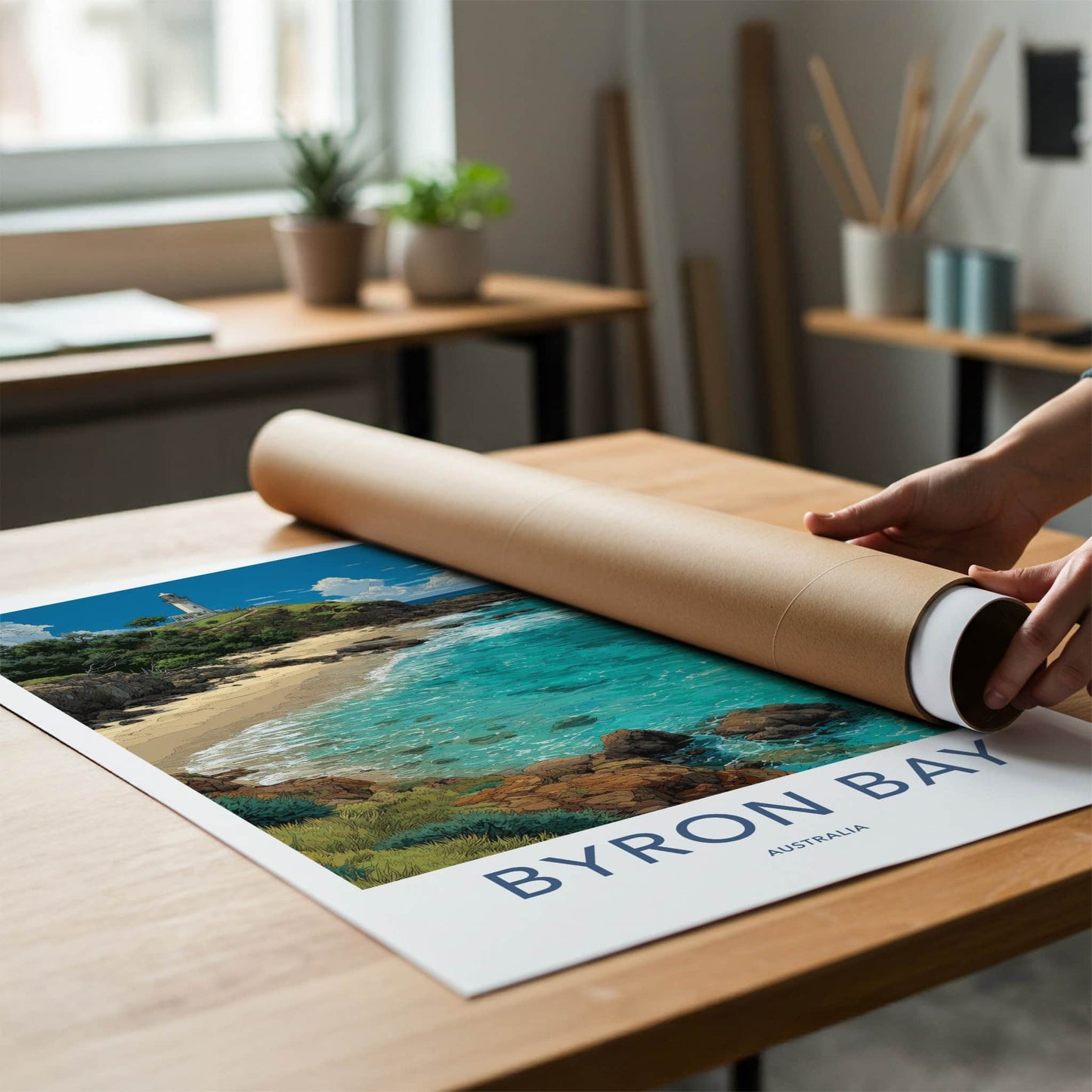 Byron Bay Poster - Australia Travel Art - White Lighthouse Seascape Home Decor