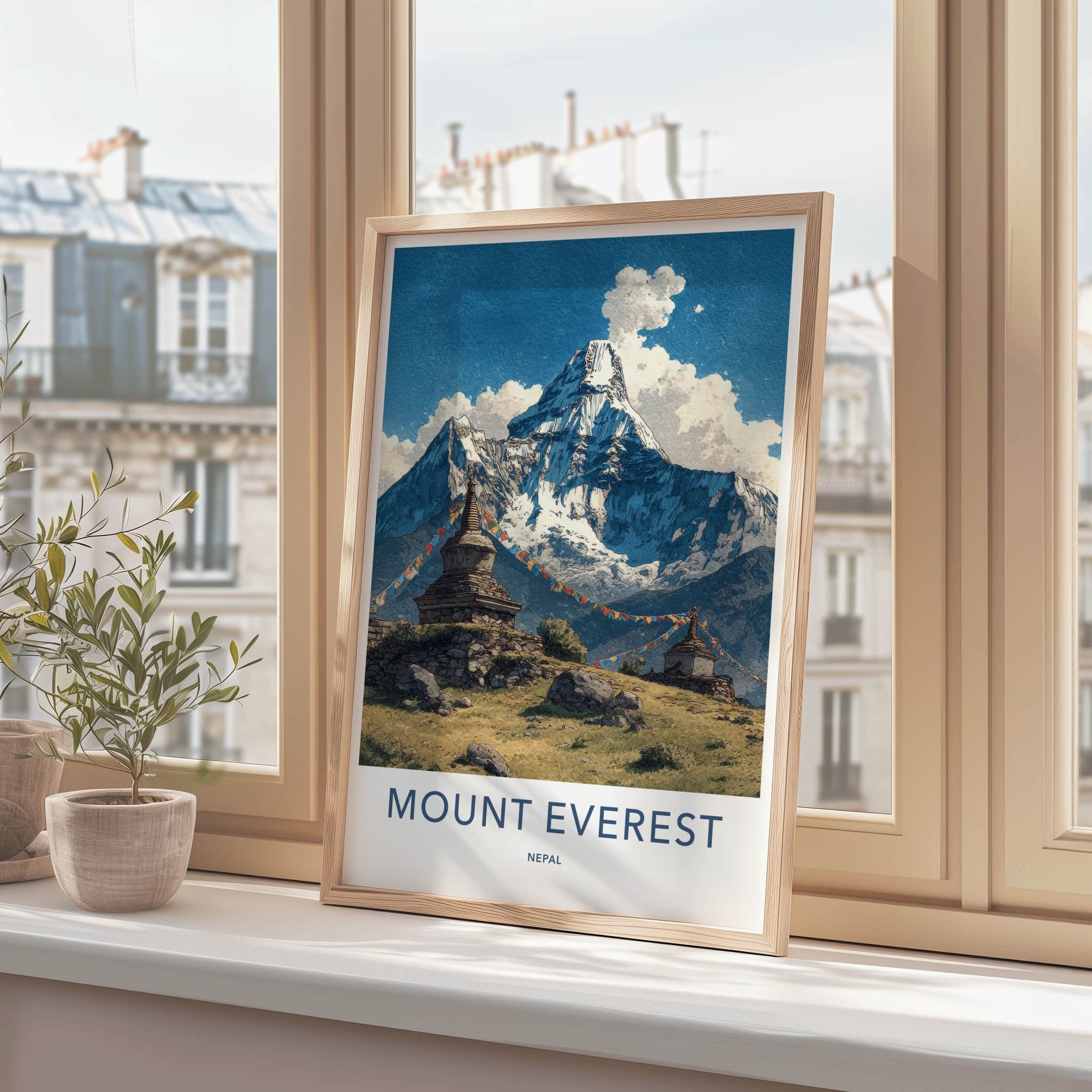 Mount Everest Poster Nepal Travel Print Ancient Stupas