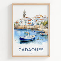 Cadaques Poster - Spain Travel Art - White Village Boats Home Decor
