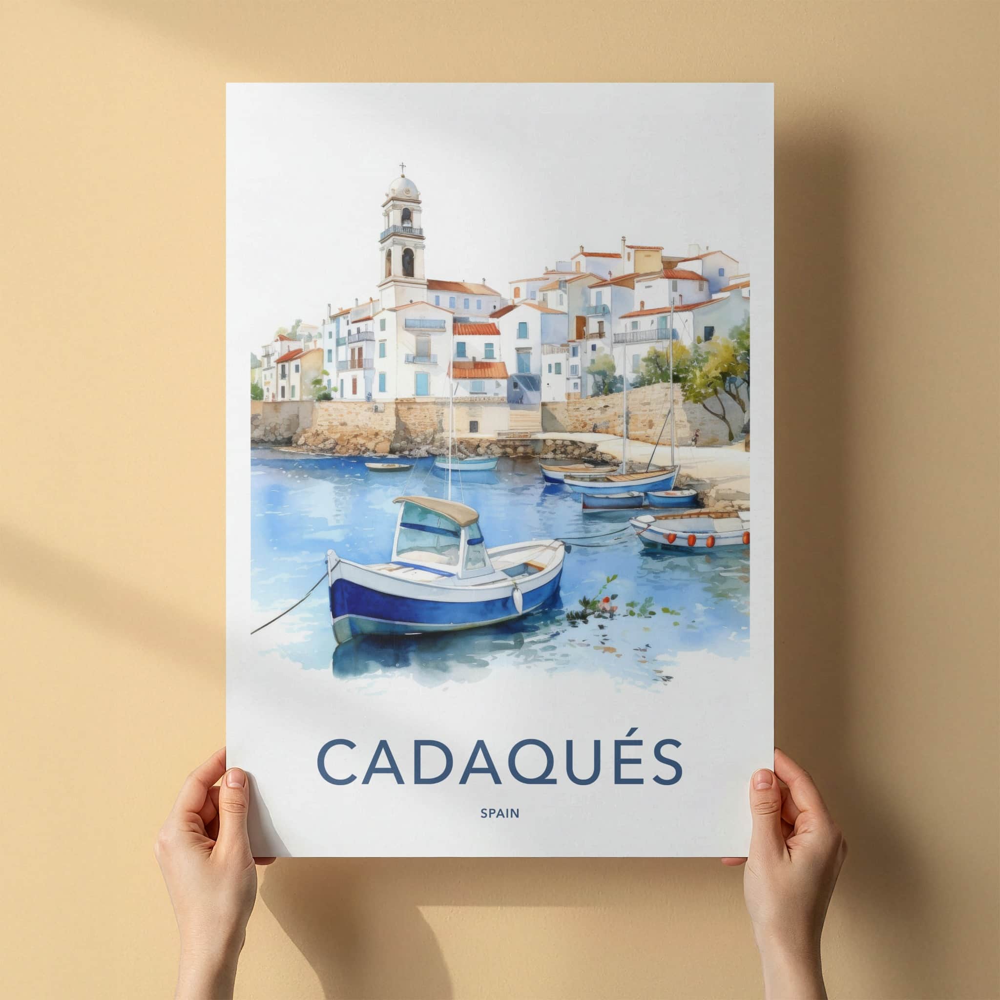 Cadaques Poster - Spain Travel Art - White Village Boats Home Decor