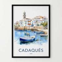 Cadaques Poster - Spain Travel Art - White Village Boats Home Decor