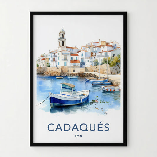 Cadaques Poster - Spain Travel Art - White Village Boats Home Decor