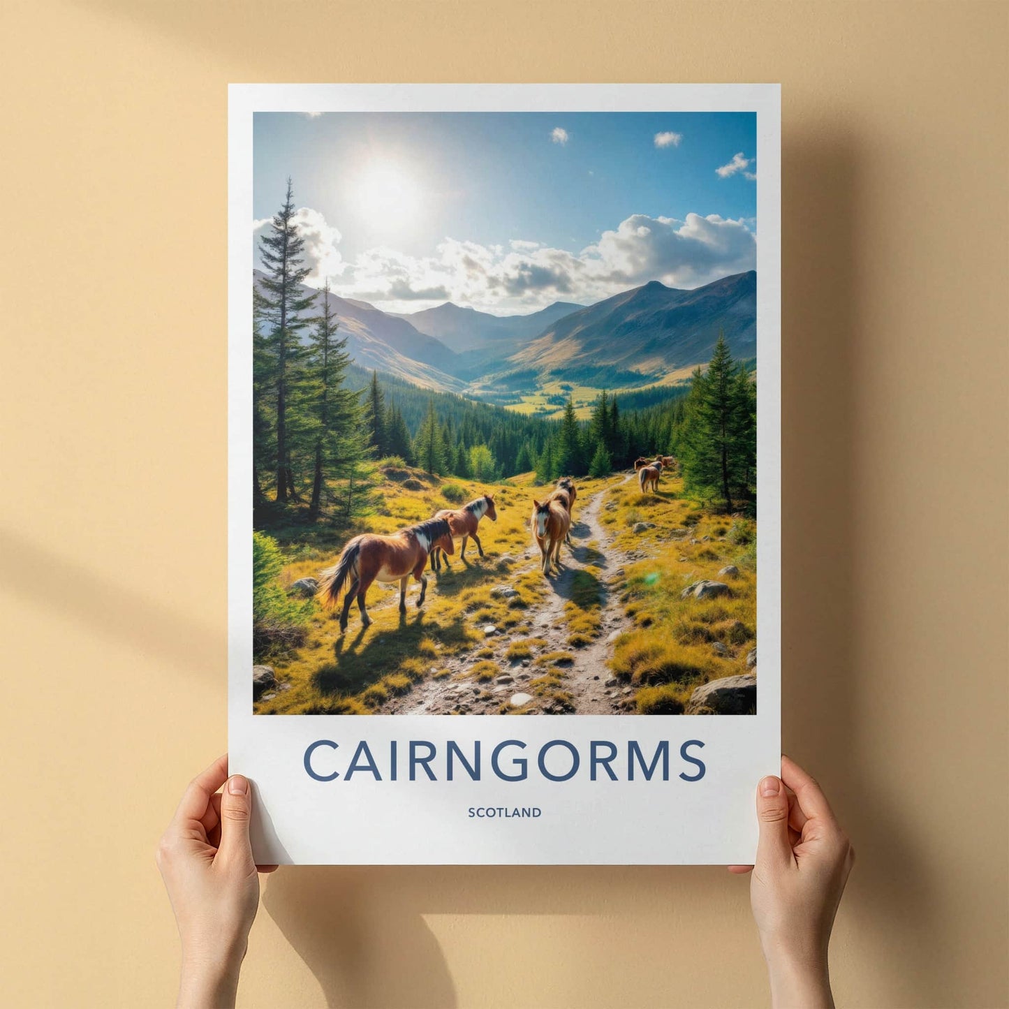 Cairngorms Poster - Scotland Travel Art - Mountain Path Horses Home Decor