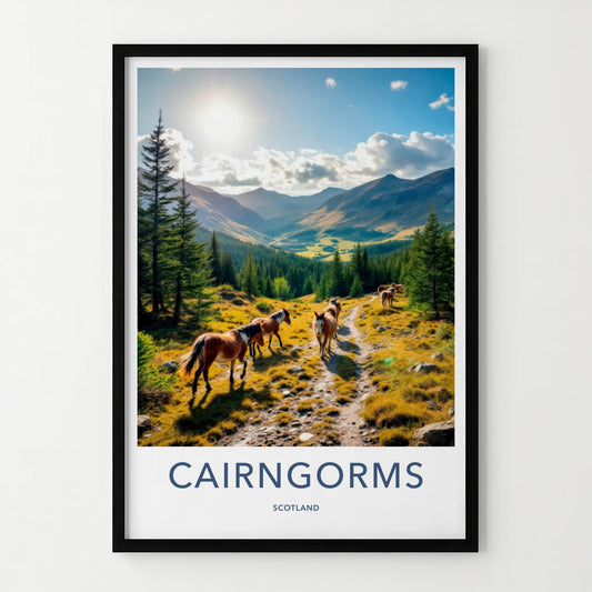 Cairngorms Poster - Scotland Travel Art - Mountain Path Horses Home Decor