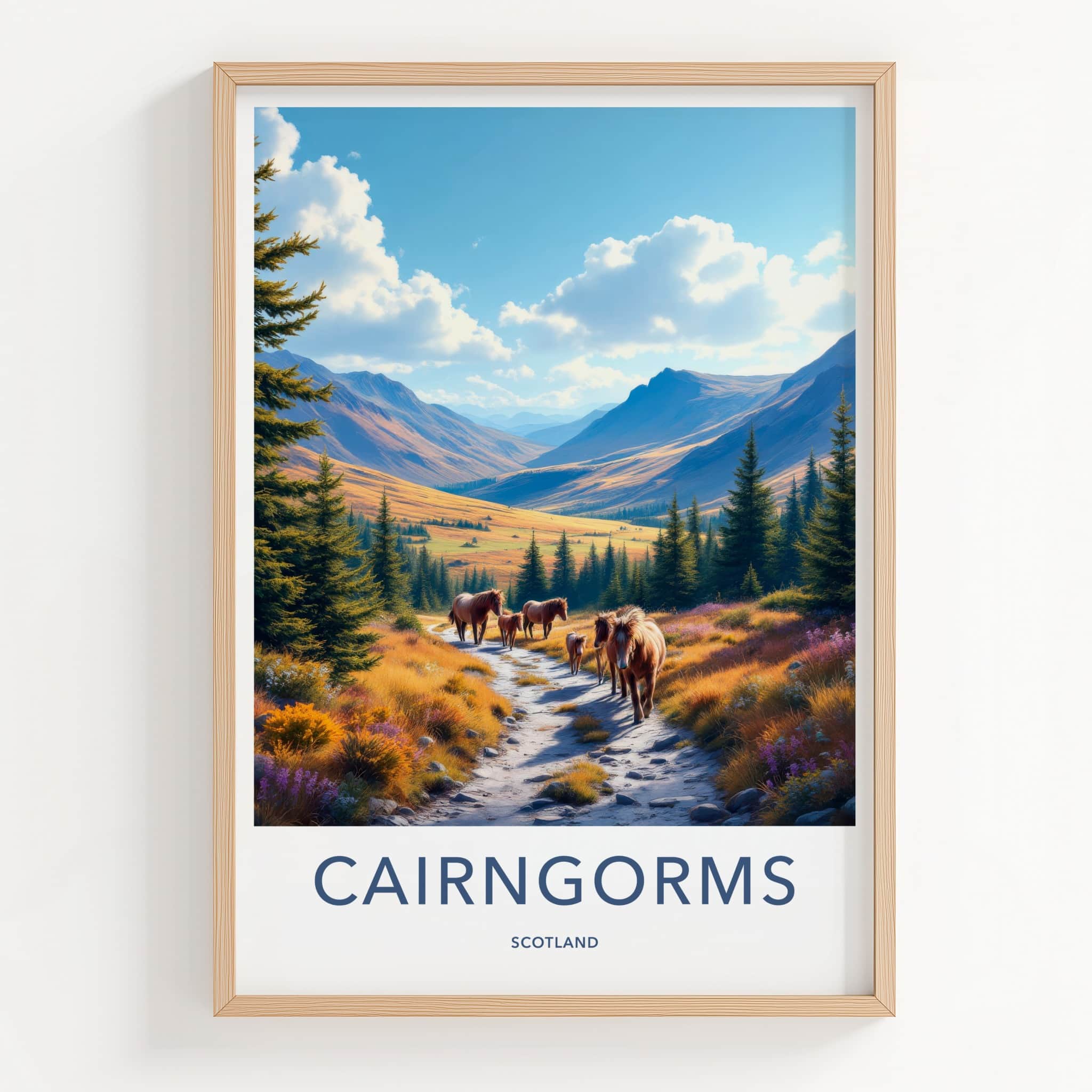 Cairngorms Poster - Scotland Travel Art - Mountain Trail Horses Home Decor
