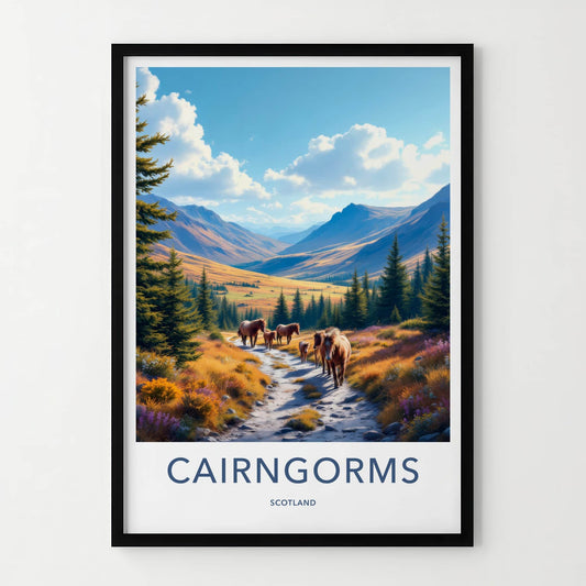 Cairngorms Poster - Scotland Travel Art - Mountain Trail Horses Home Decor