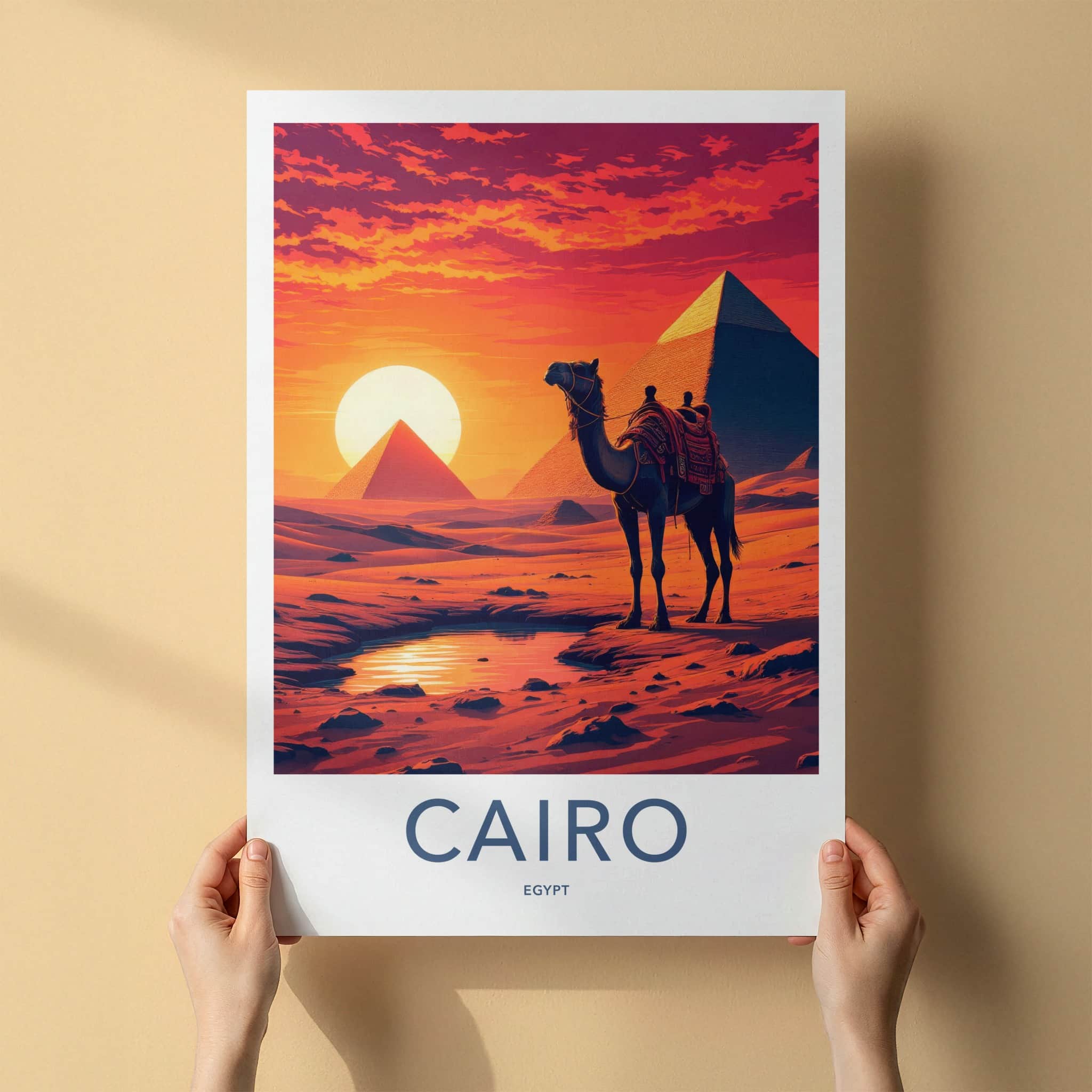 Cairo Poster - Egypt Framed Print - Camel Desert Sunset Lounge Decor