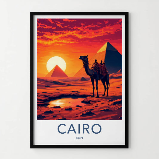 Cairo Poster - Egypt Framed Print - Camel Desert Sunset Lounge Decor