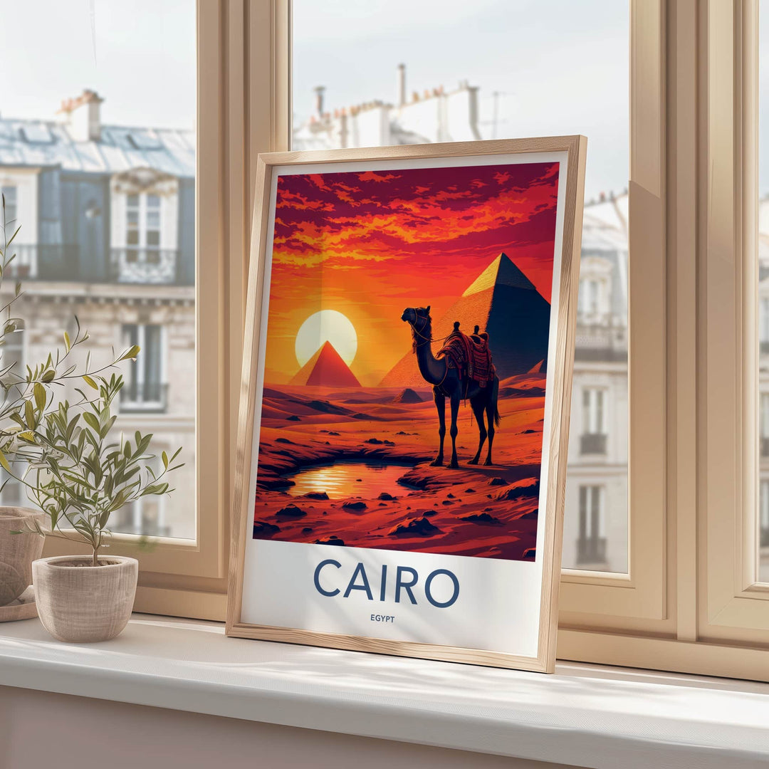 Cairo Poster - Egypt Framed Print - Camel Desert Sunset Lounge Decor