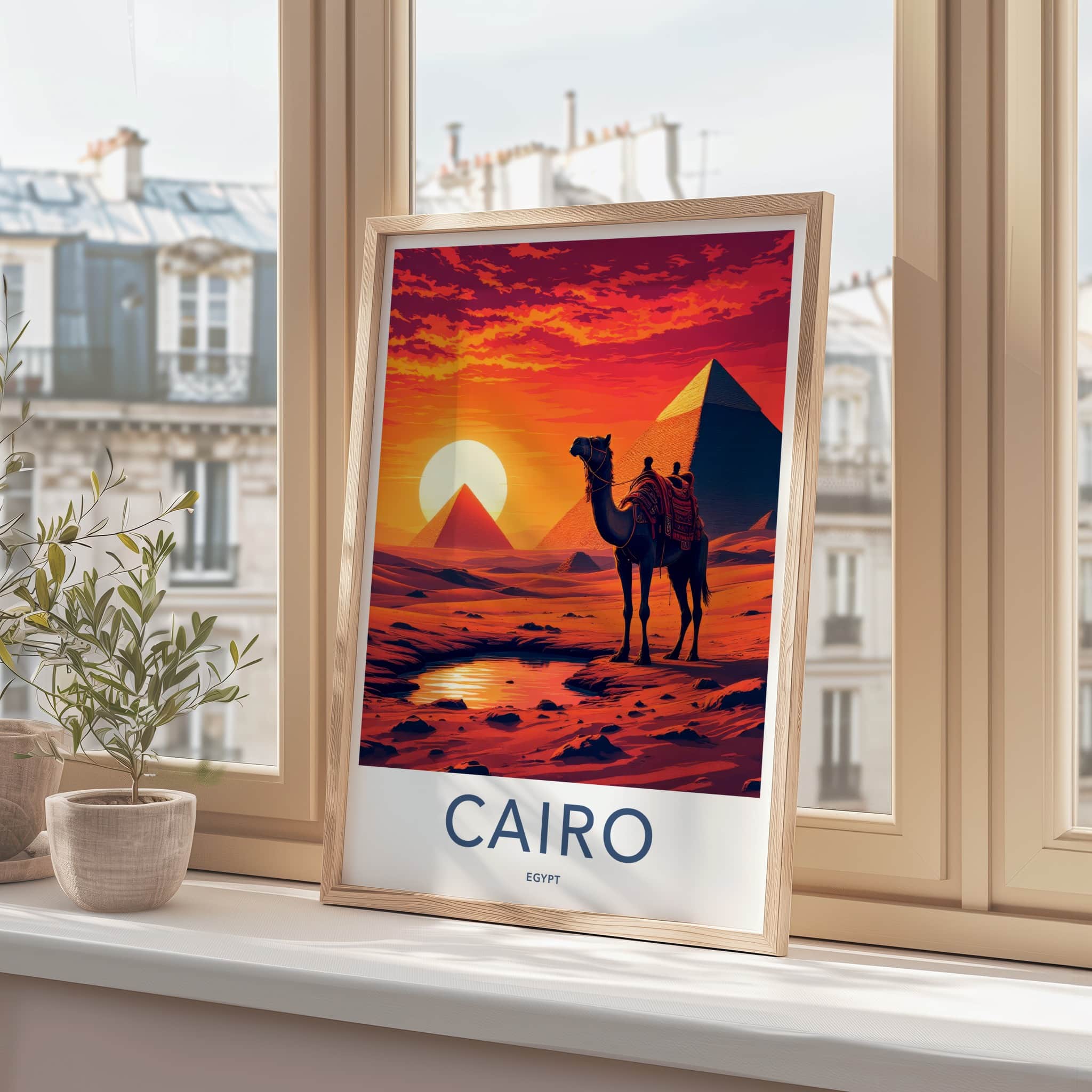 Cairo Poster - Egypt Framed Print - Camel Desert Sunset Lounge Decor
