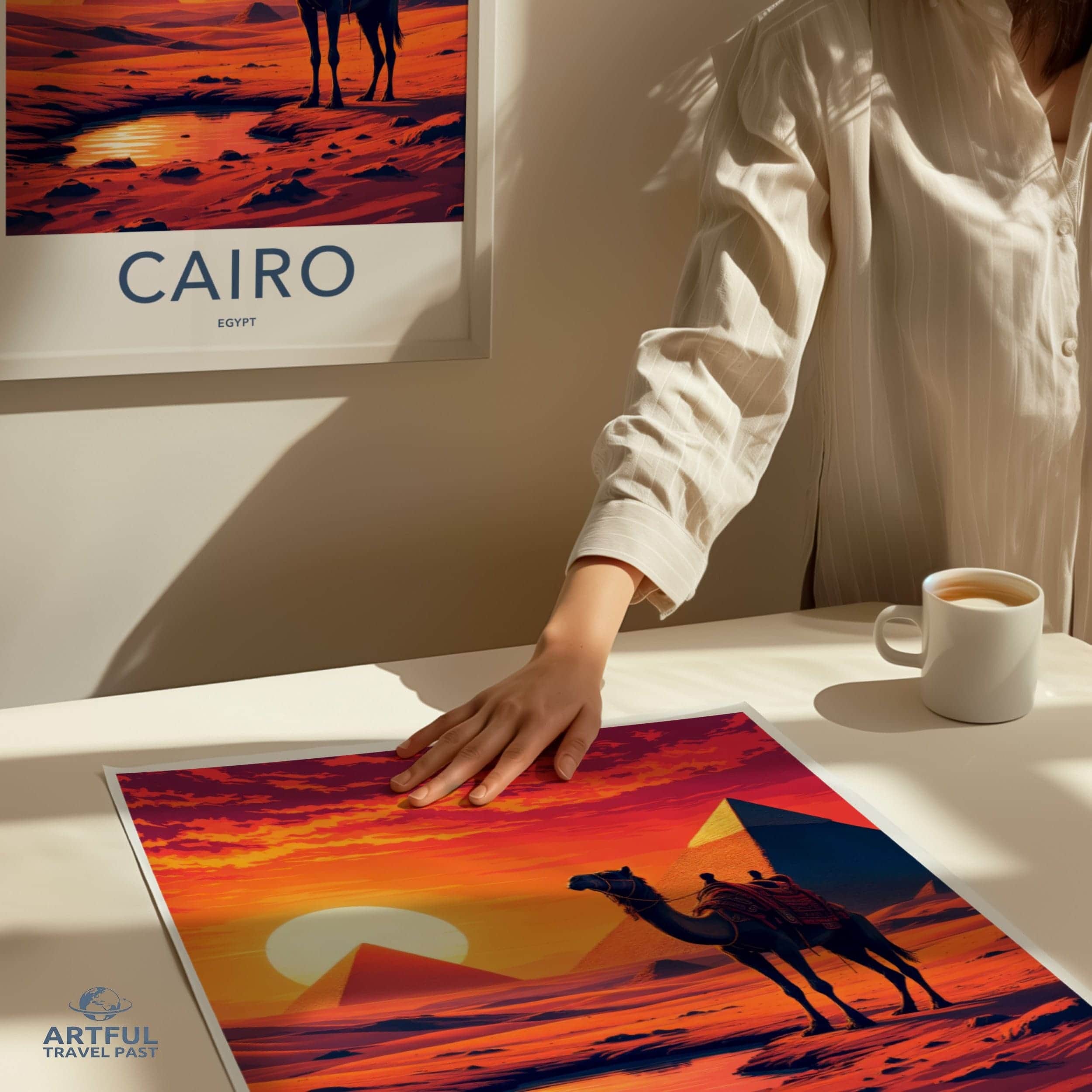 Cairo Poster - Egypt Framed Print - Camel Desert Sunset Lounge Decor