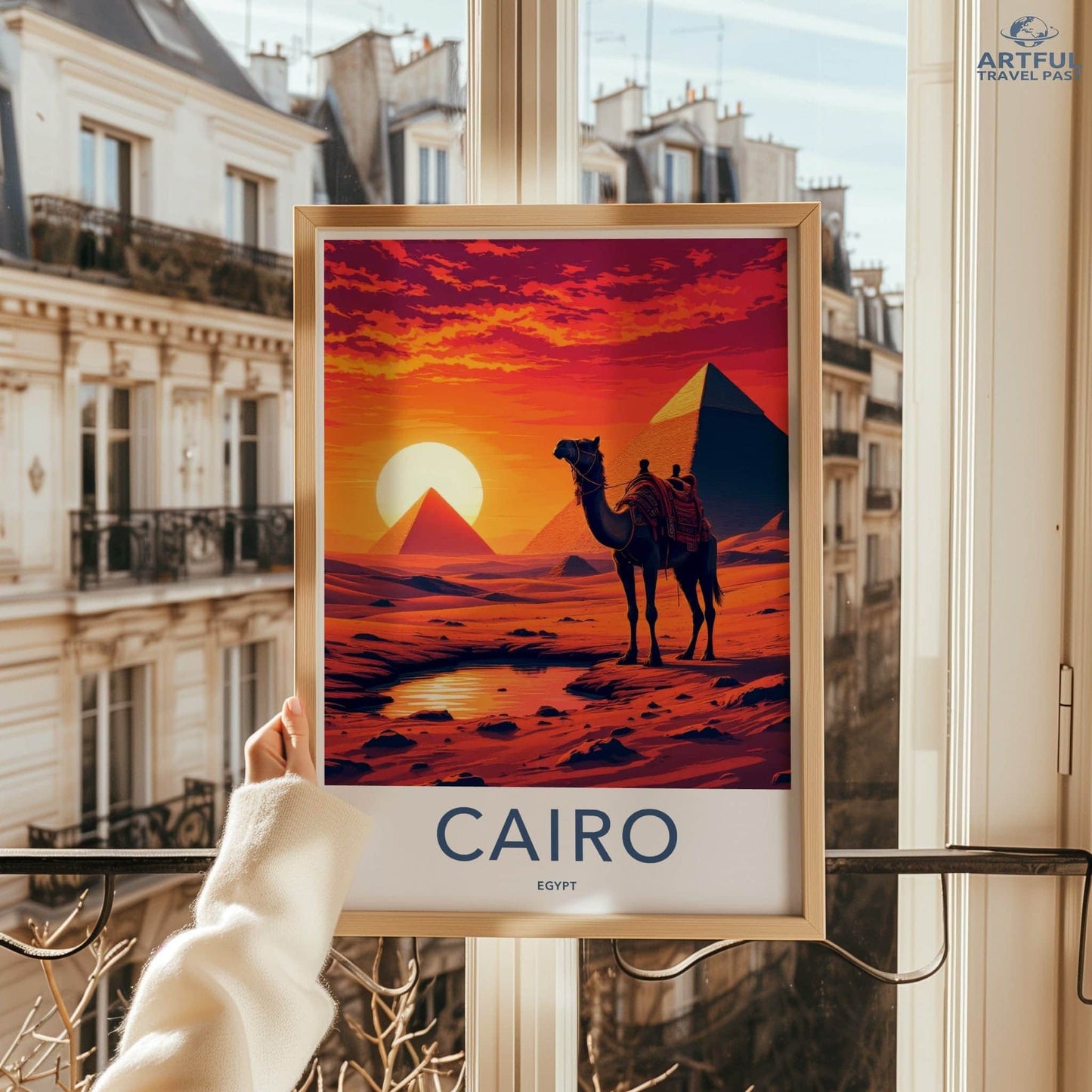 Cairo Poster - Egypt Framed Print - Camel Desert Sunset Lounge Decor