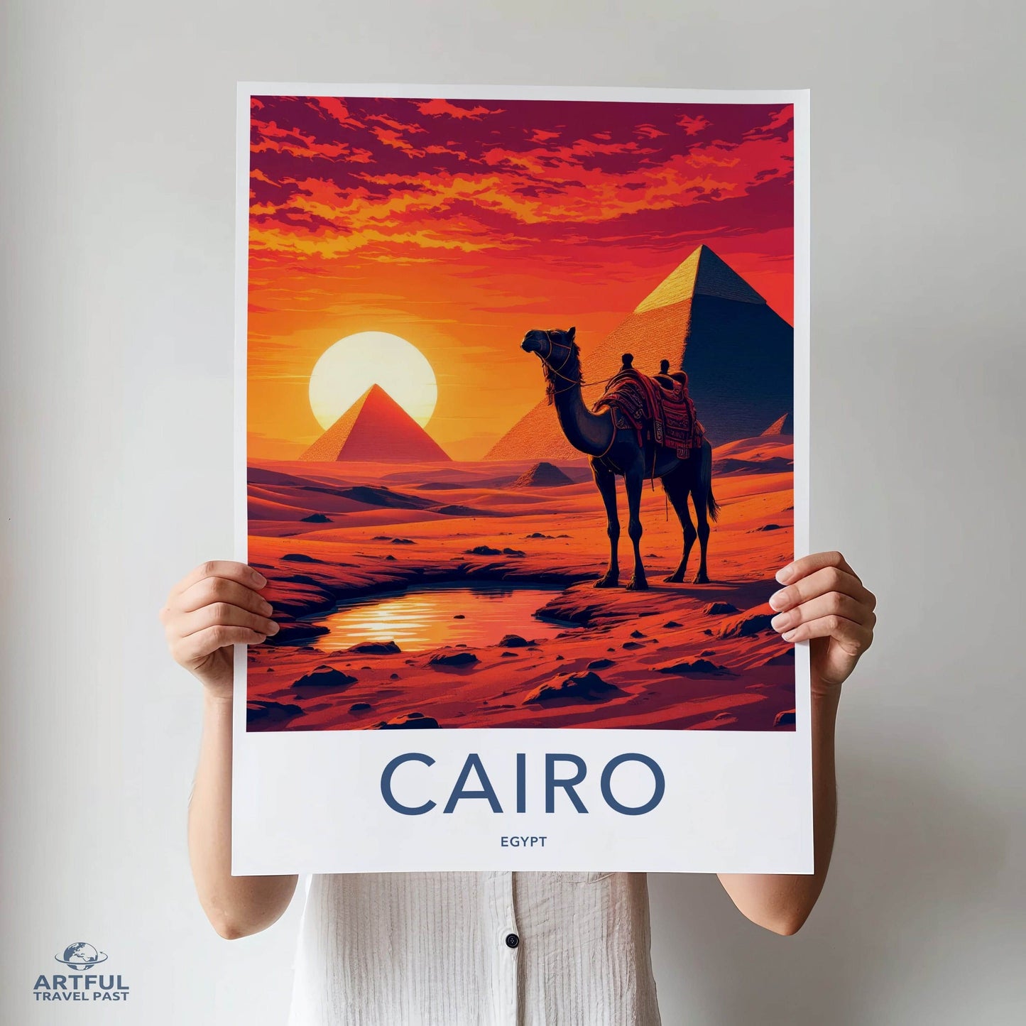 Cairo Poster - Egypt Framed Print - Camel Desert Sunset Lounge Decor