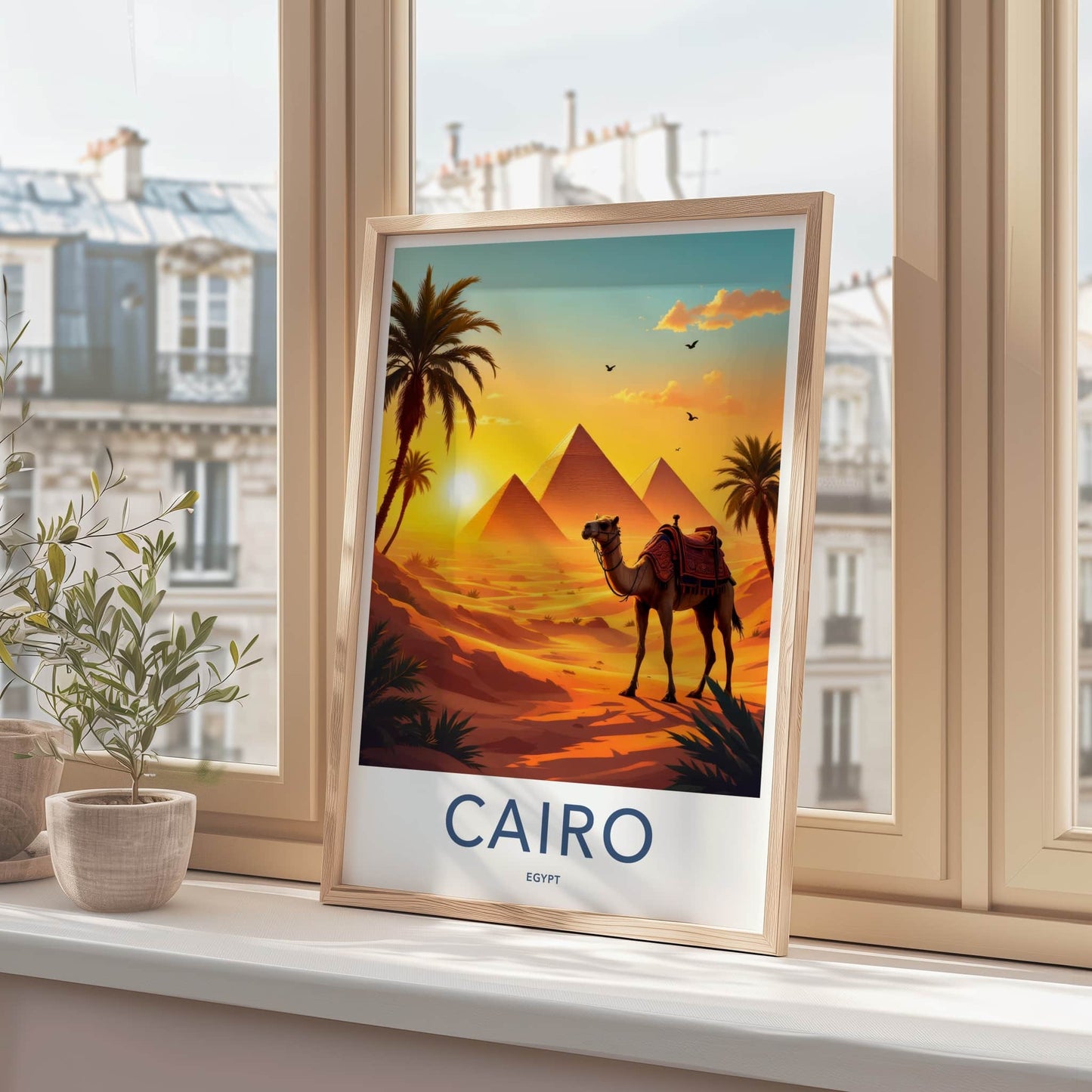 Cairo Poster - Egypt Travel Art - Ancient Pyramids Camel Home Decor