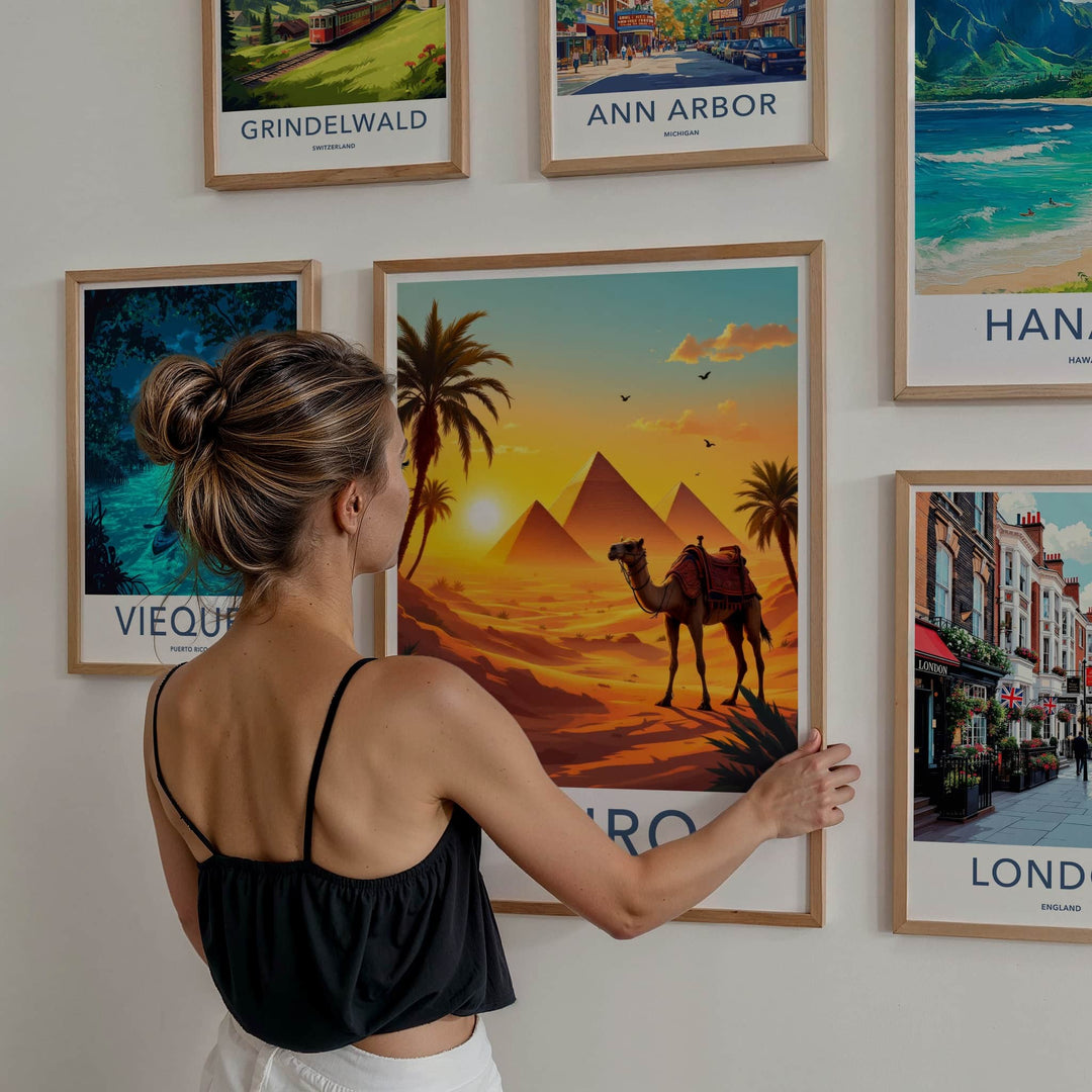 Cairo Poster - Egypt Travel Art - Ancient Pyramids Camel Home Decor