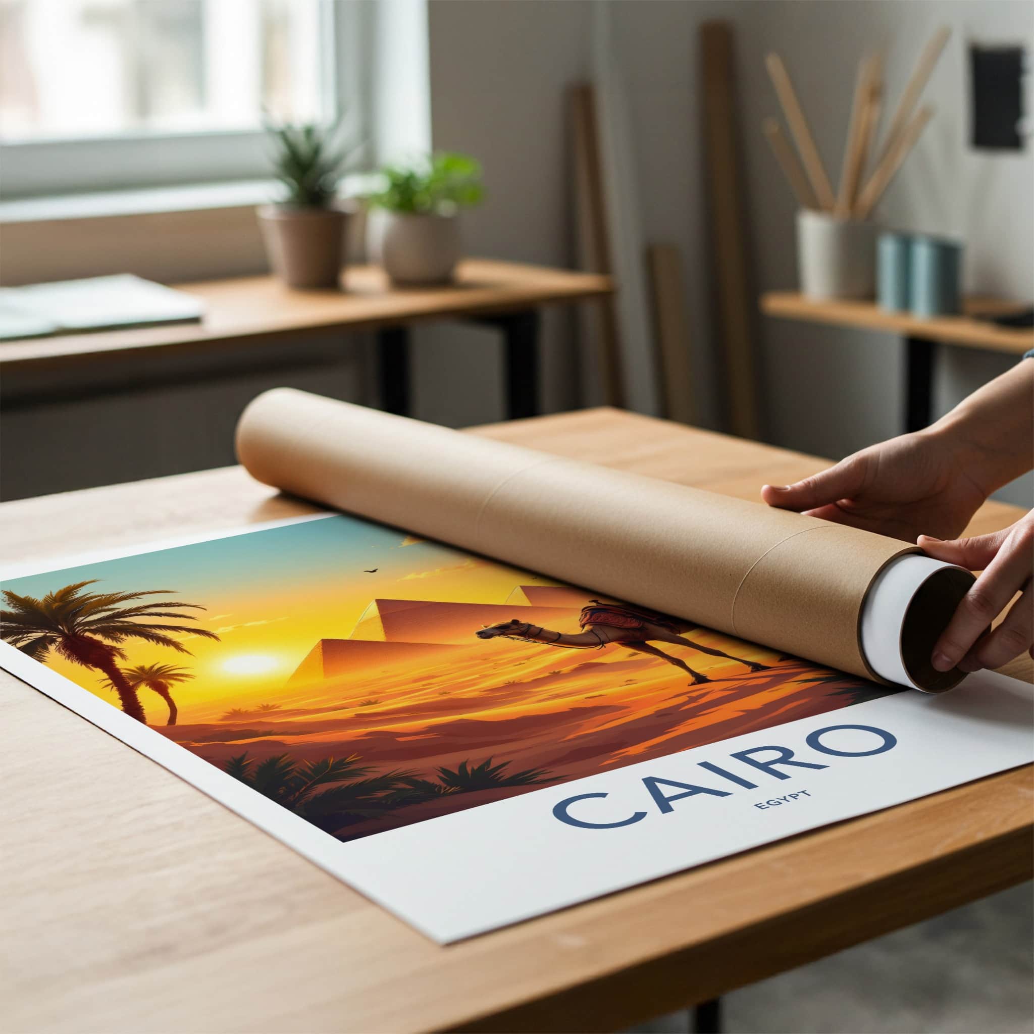 Cairo Poster - Egypt Travel Art - Ancient Pyramids Camel Home Decor