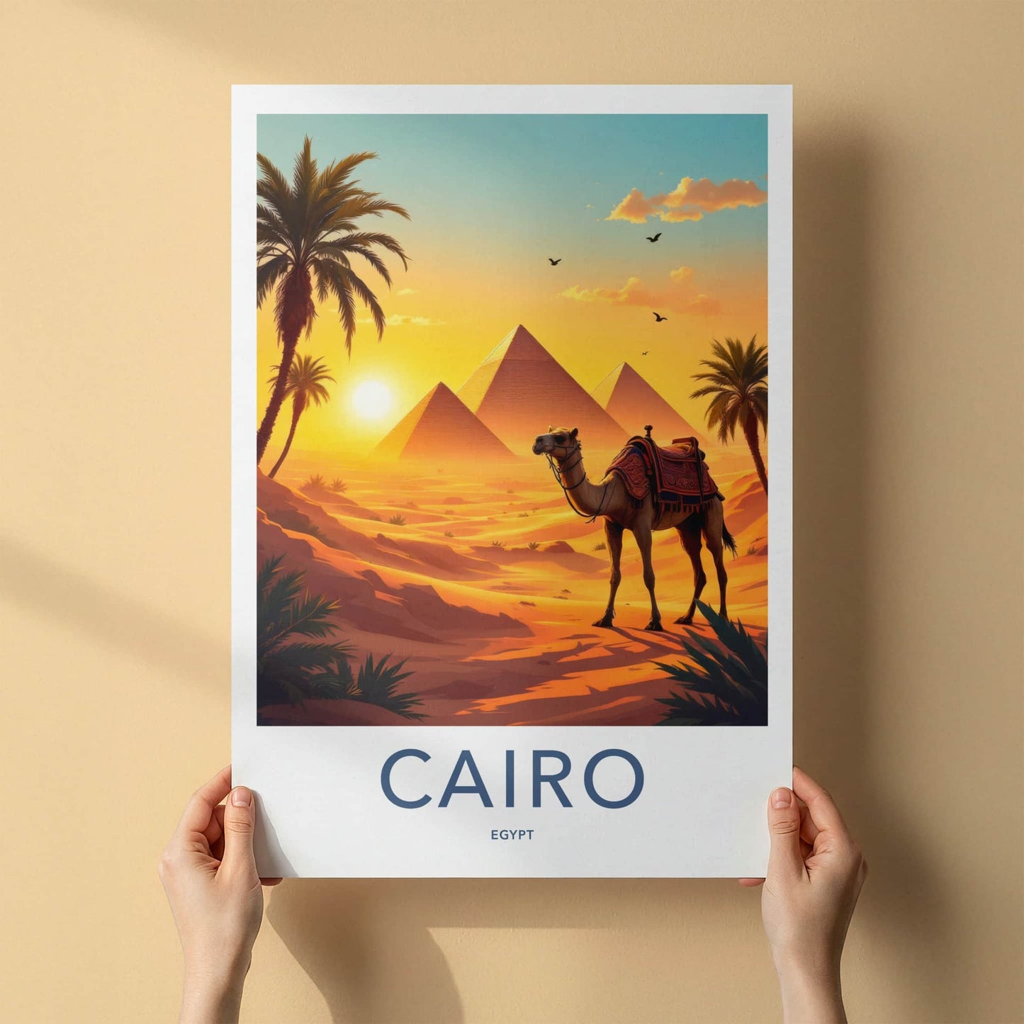 Cairo Poster - Egypt Travel Art - Ancient Pyramids Camel Home Decor