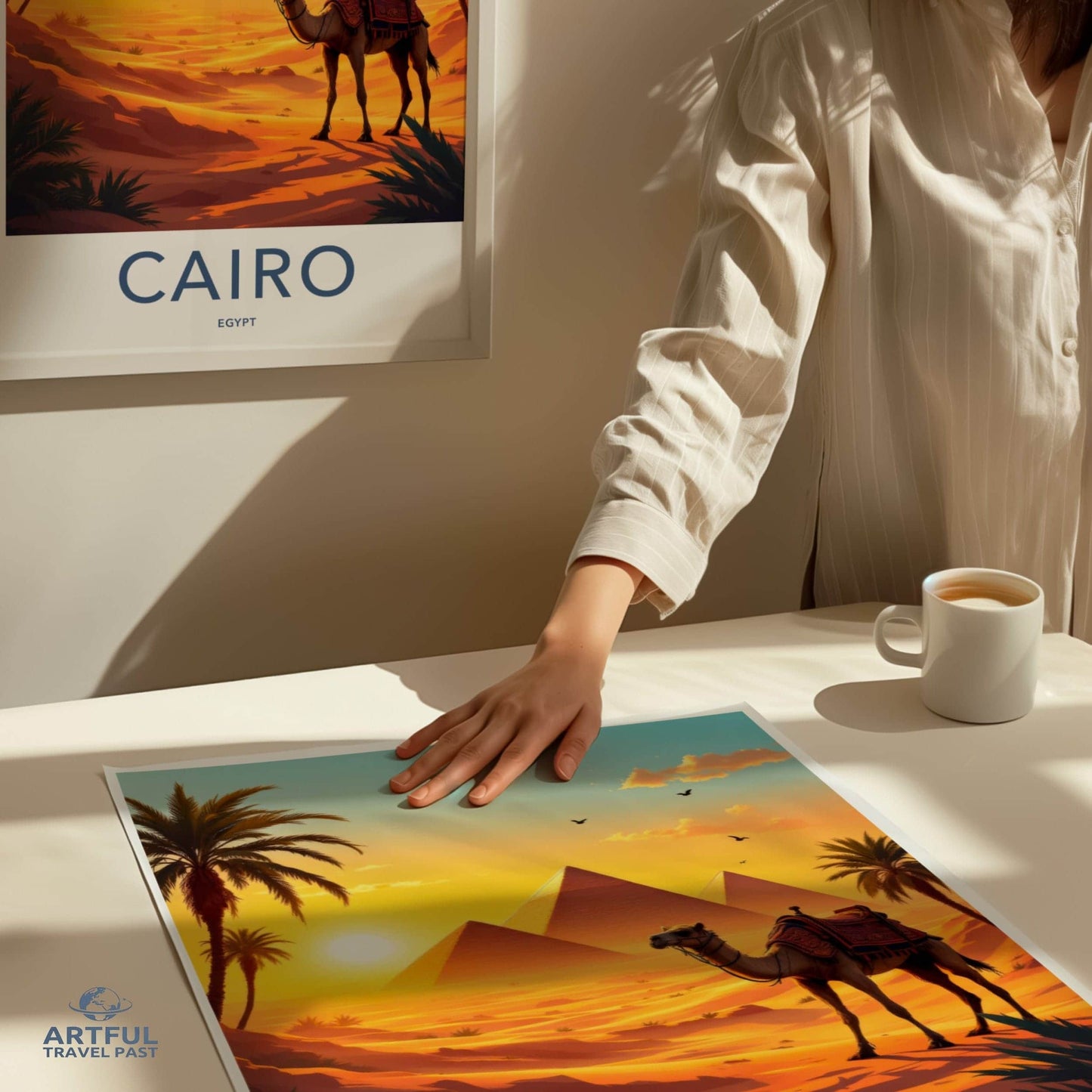 Cairo Poster - Egypt Travel Art - Ancient Pyramids Camel Home Decor