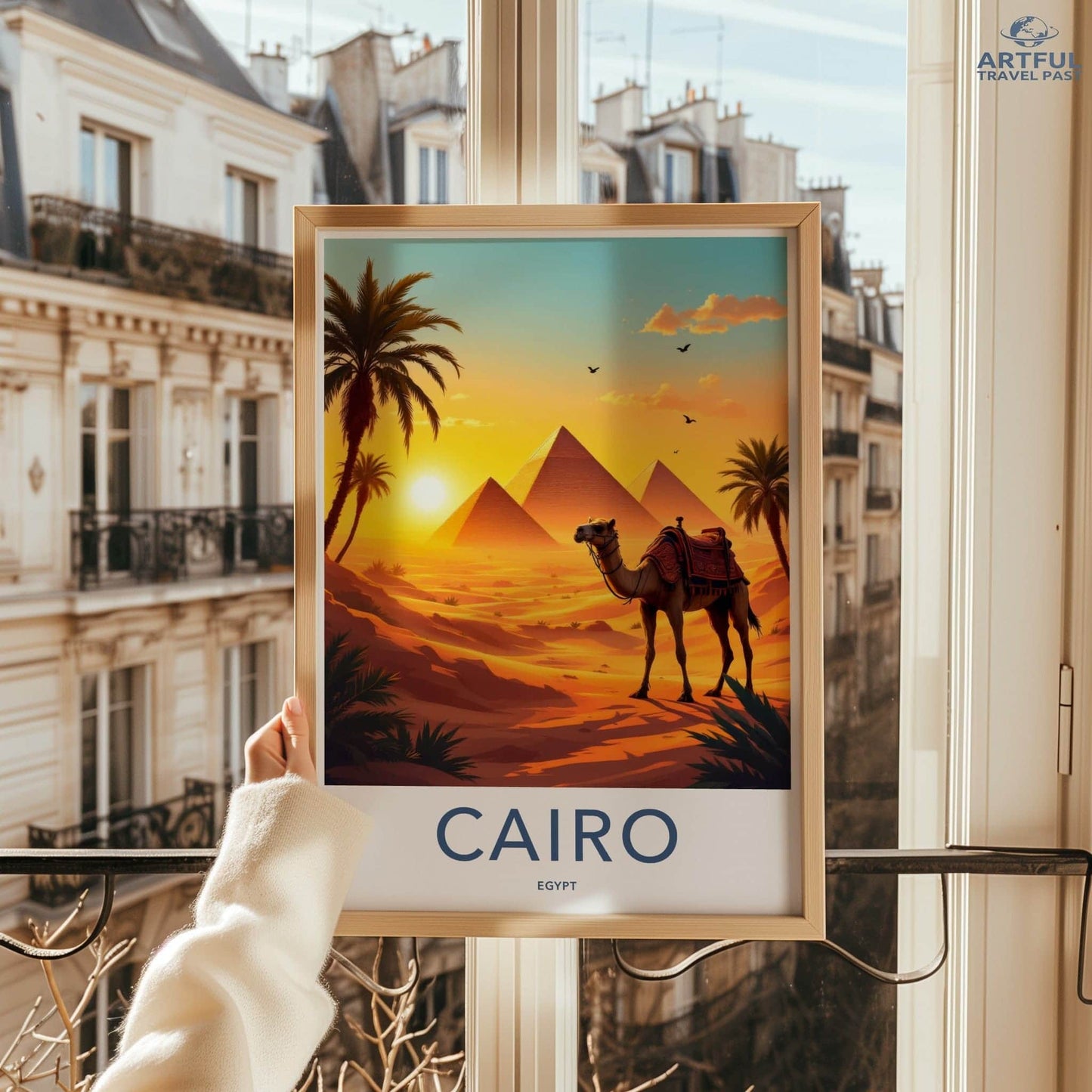 Cairo Poster - Egypt Travel Art - Ancient Pyramids Camel Home Decor
