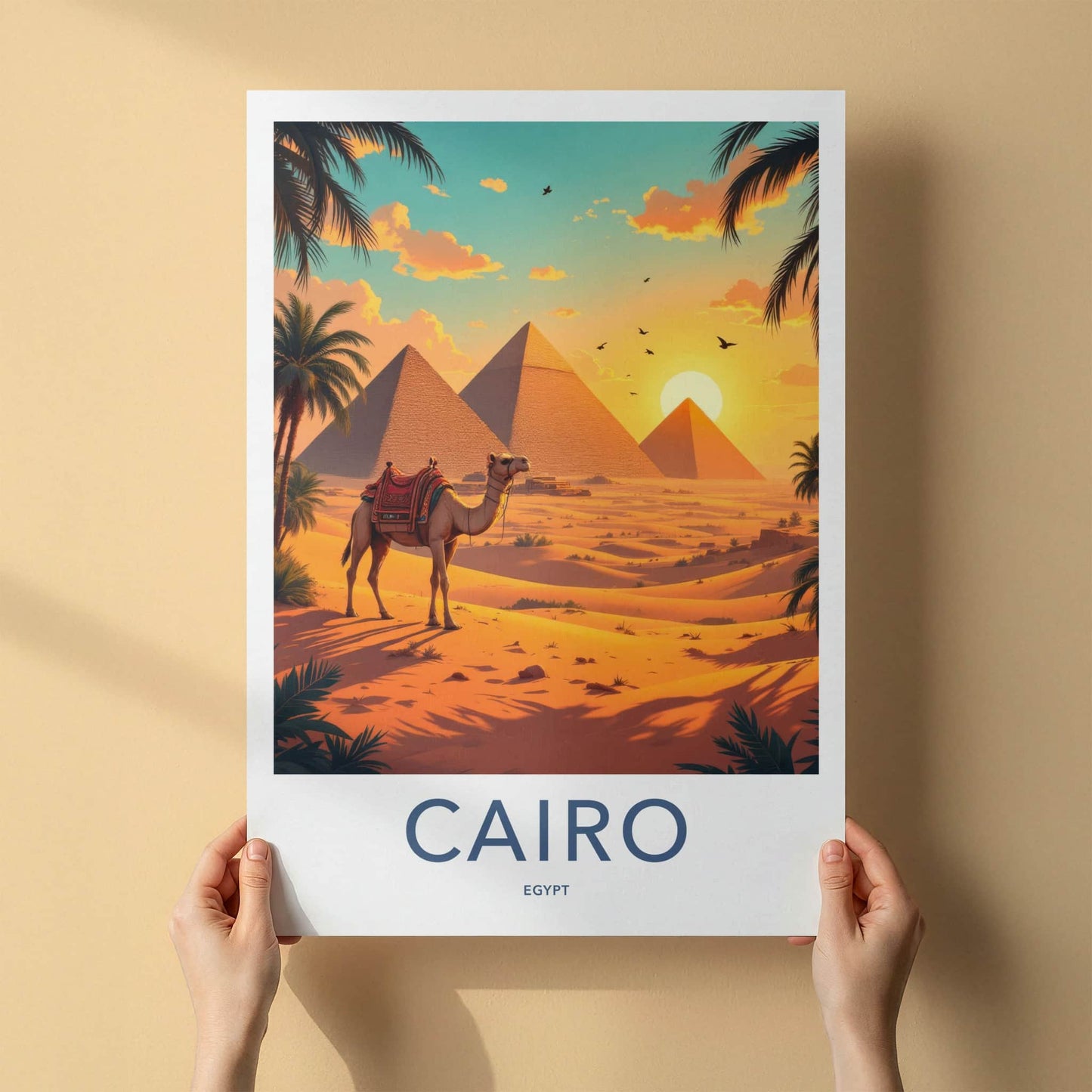 Cairo Poster - Egypt Travel Art - Camel Desert Pyramids Home Decor