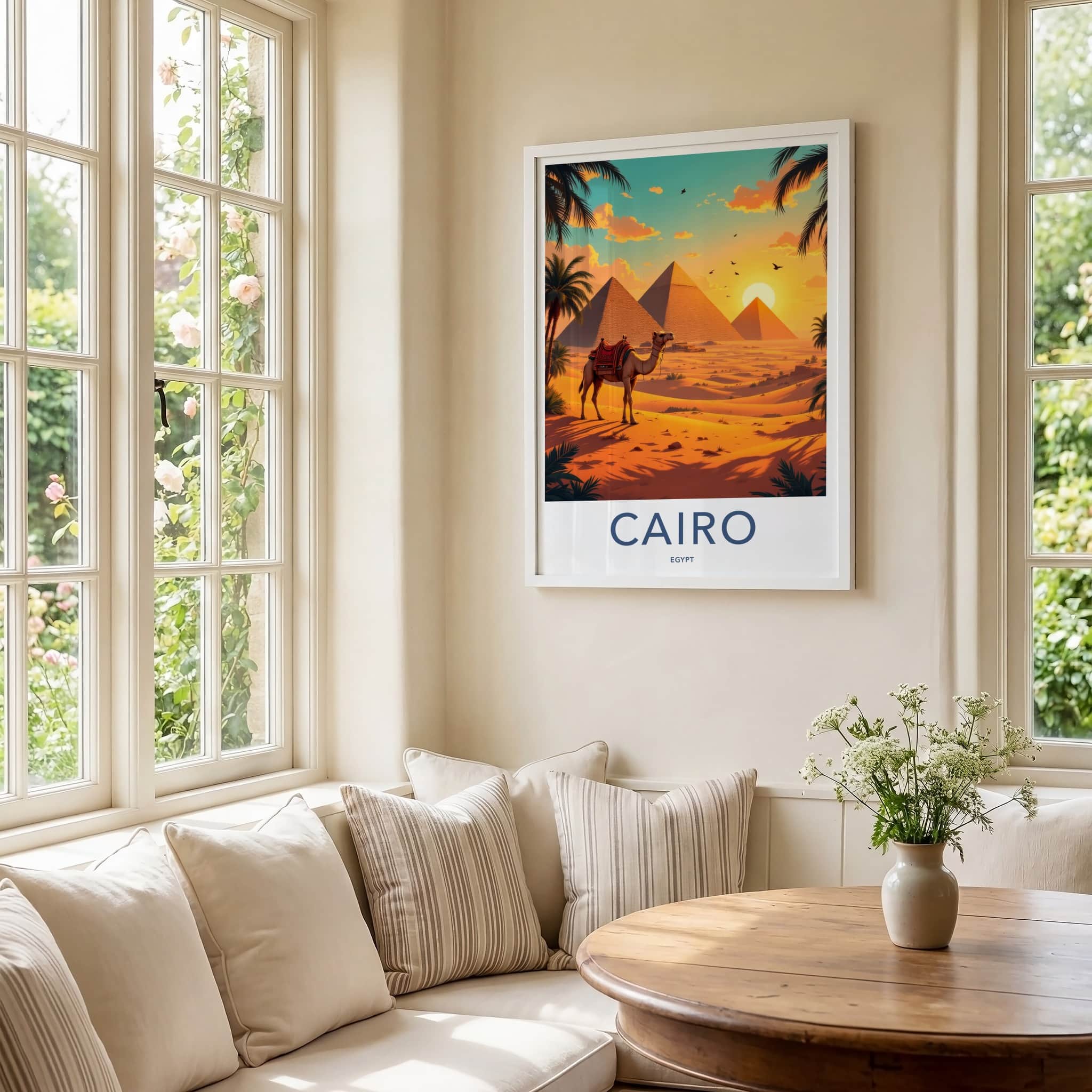 Cairo Poster - Egypt Travel Art - Camel Desert Pyramids Home Decor