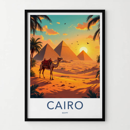 Cairo Poster - Egypt Travel Art - Camel Desert Pyramids Home Decor