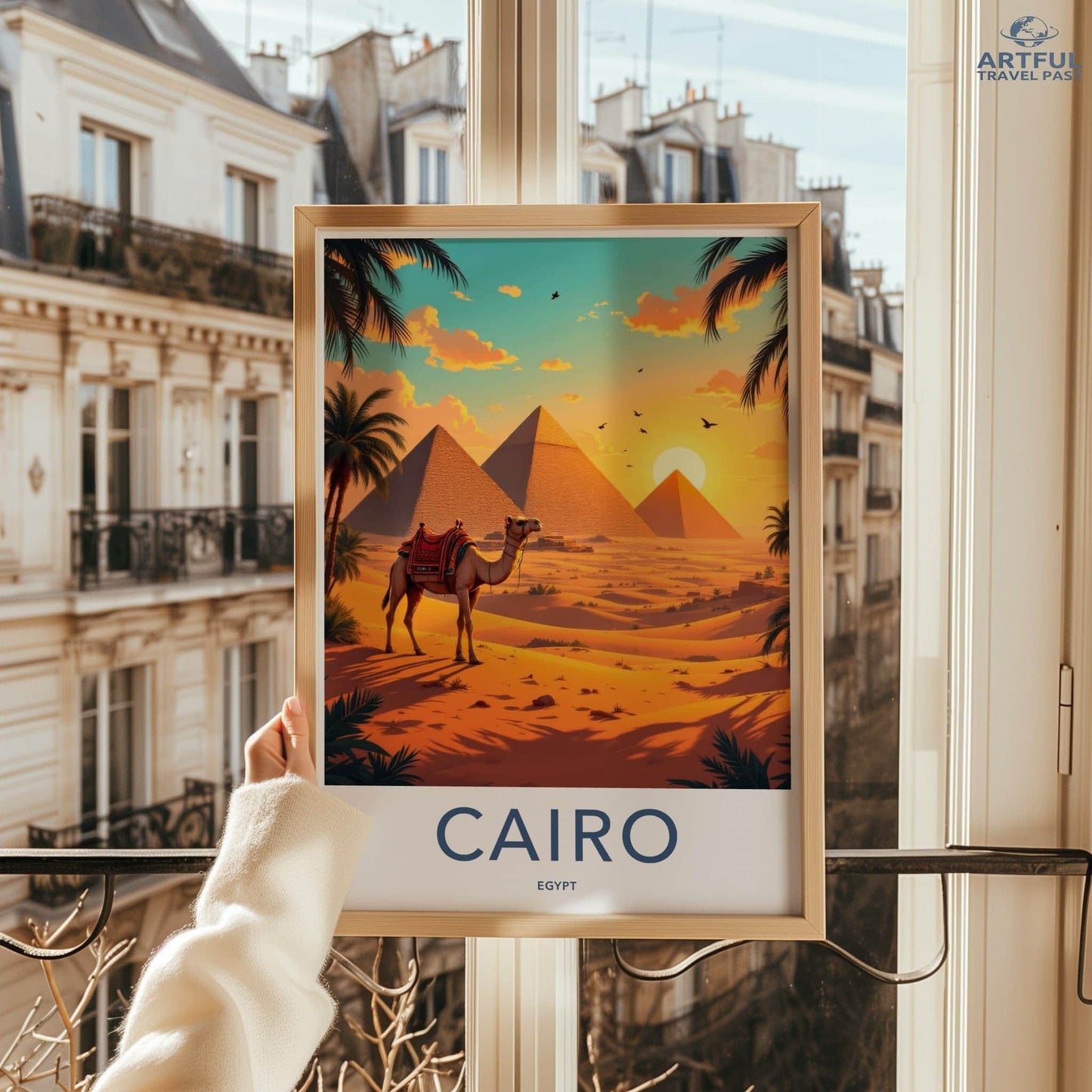 Cairo Poster - Egypt Travel Art - Camel Desert Pyramids Home Decor