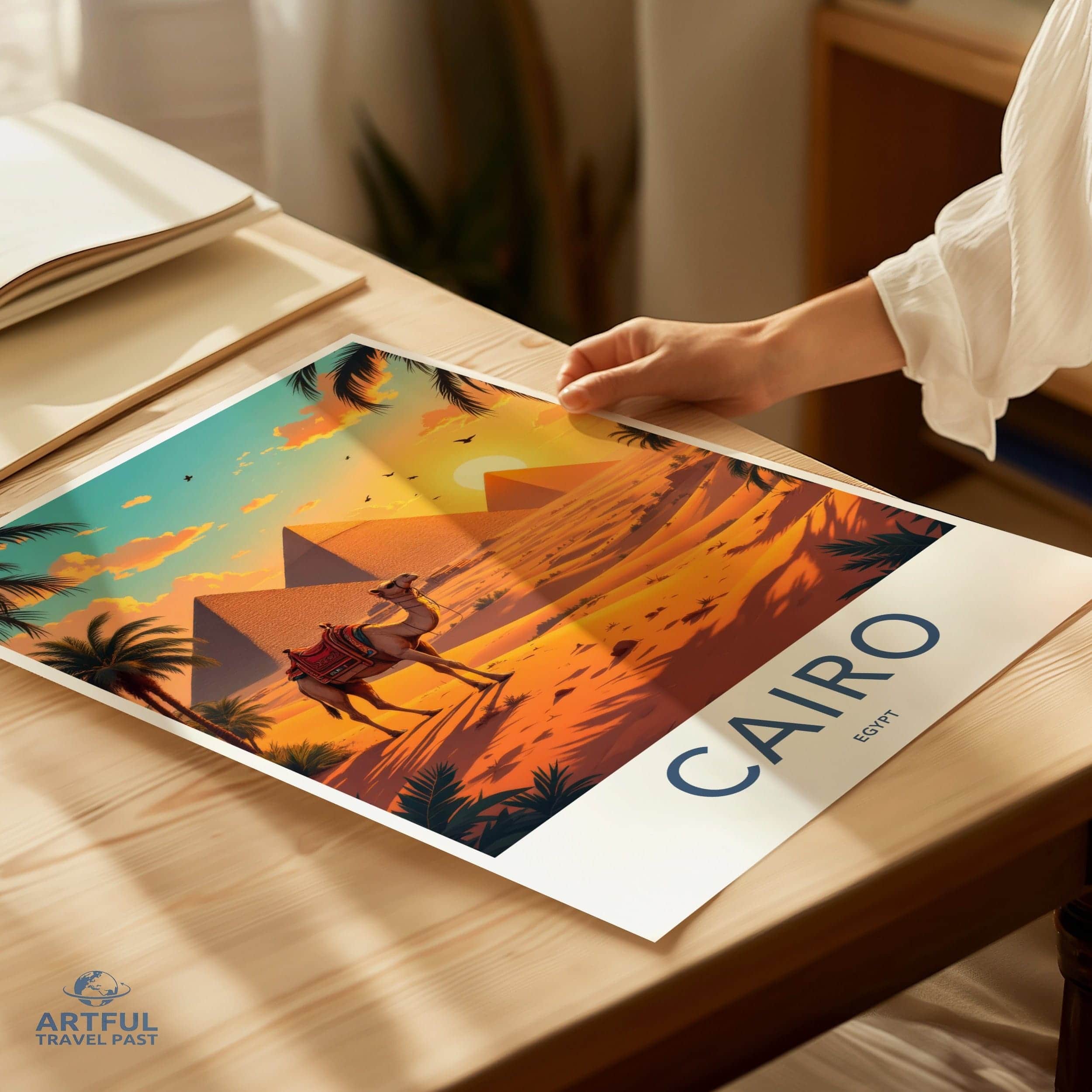 Cairo Poster - Egypt Travel Art - Camel Desert Pyramids Home Decor