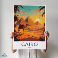 Cairo Poster - Egypt Travel Art - Camel Desert Pyramids Home Decor