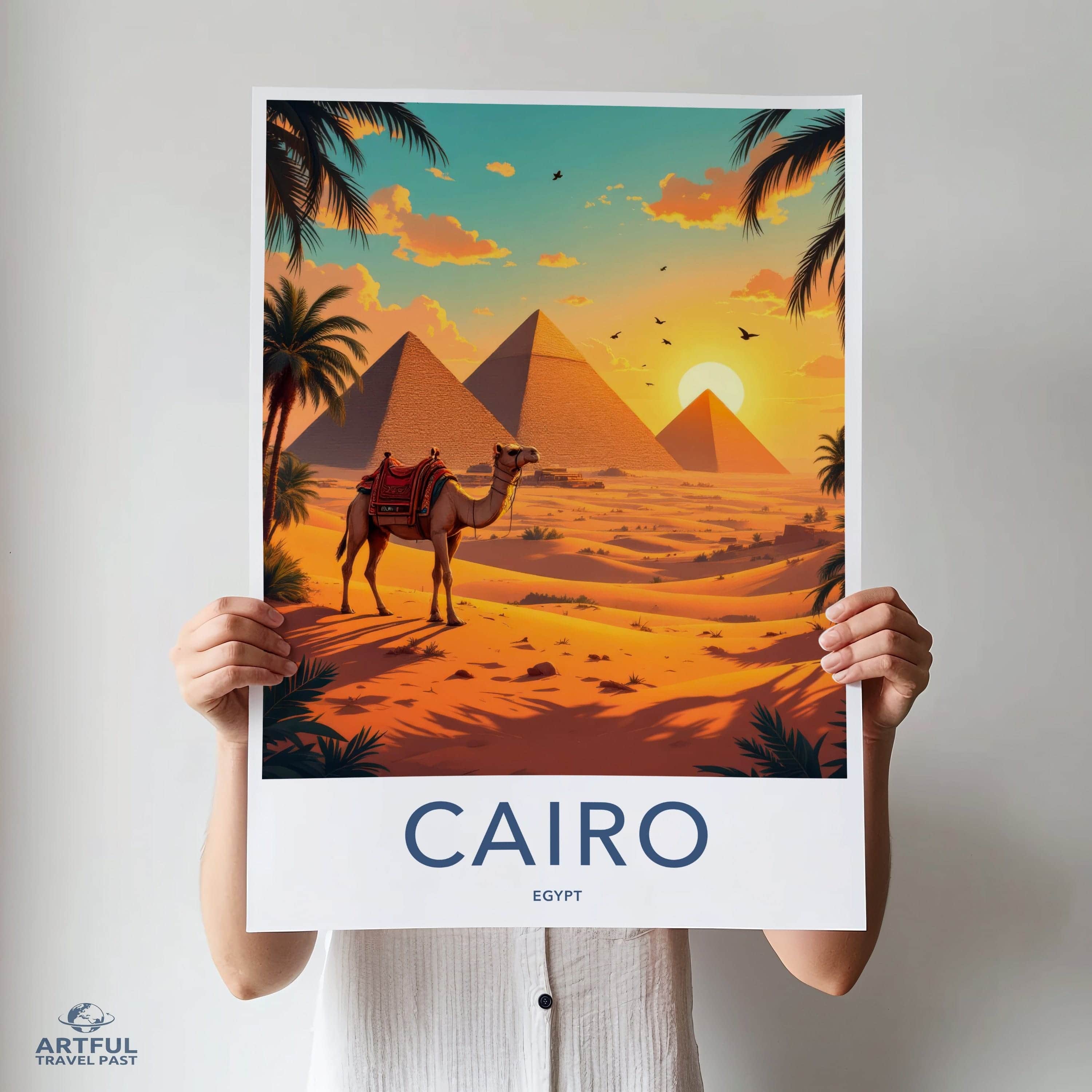 Cairo Poster - Egypt Travel Art - Camel Desert Pyramids Home Decor