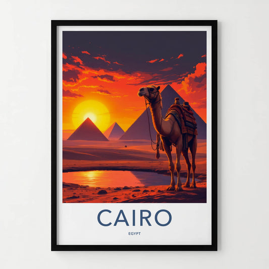 Cairo Poster - Egypt Travel Art - Camel Desert Sunset Home Decor