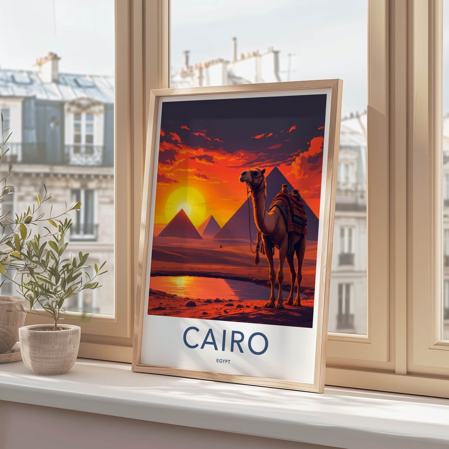 Cairo Poster - Egypt Travel Art - Camel Desert Sunset Home Decor