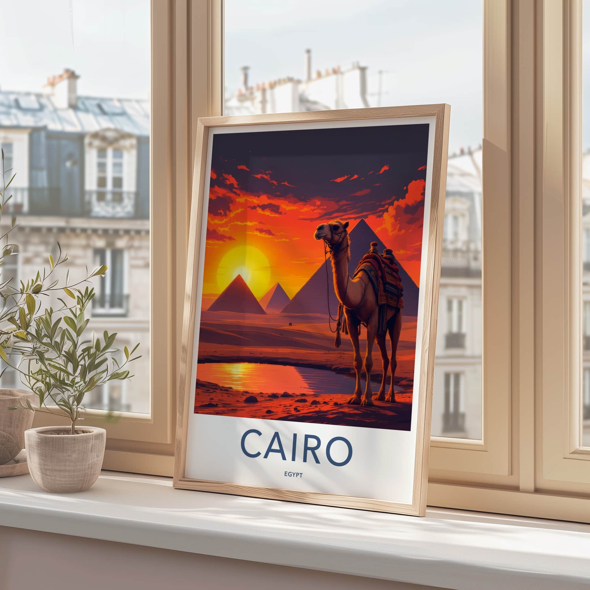 Cairo Poster - Egypt Travel Art - Camel Desert Sunset Home Decor