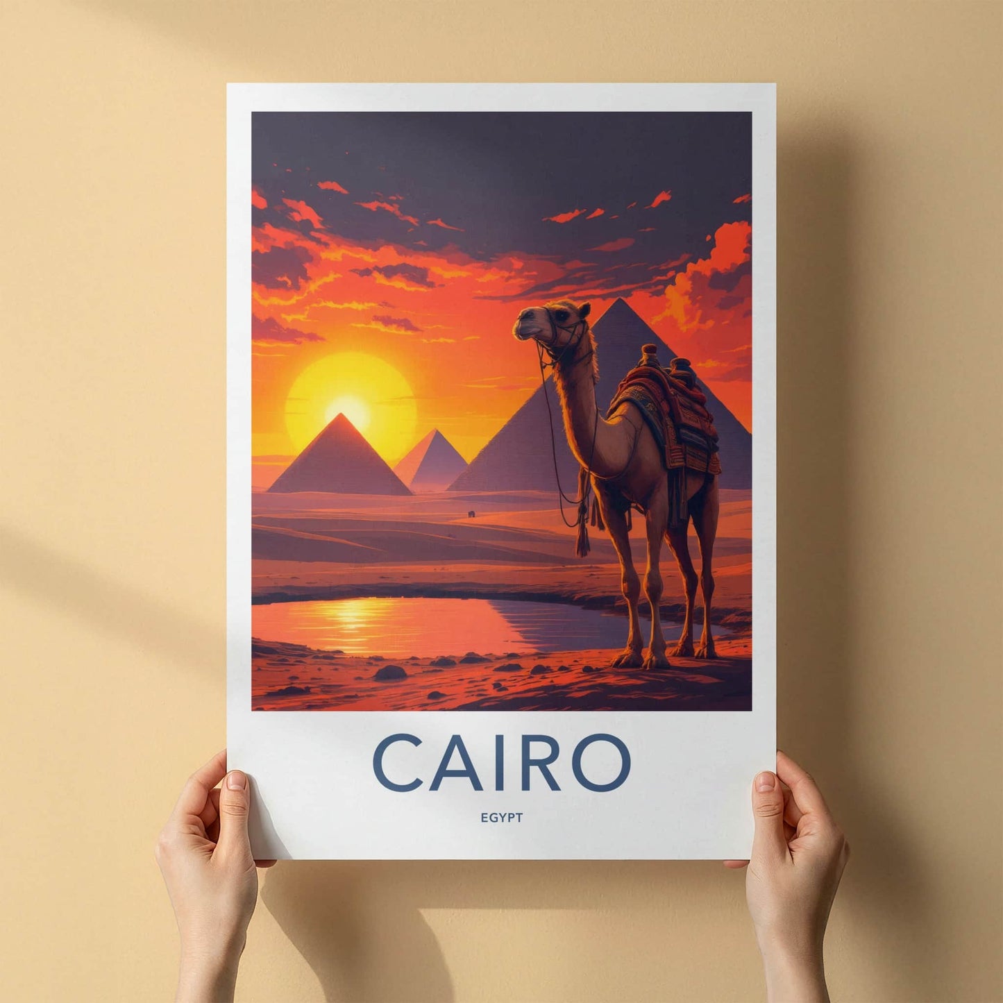 Cairo Poster - Egypt Travel Art - Camel Desert Sunset Home Decor