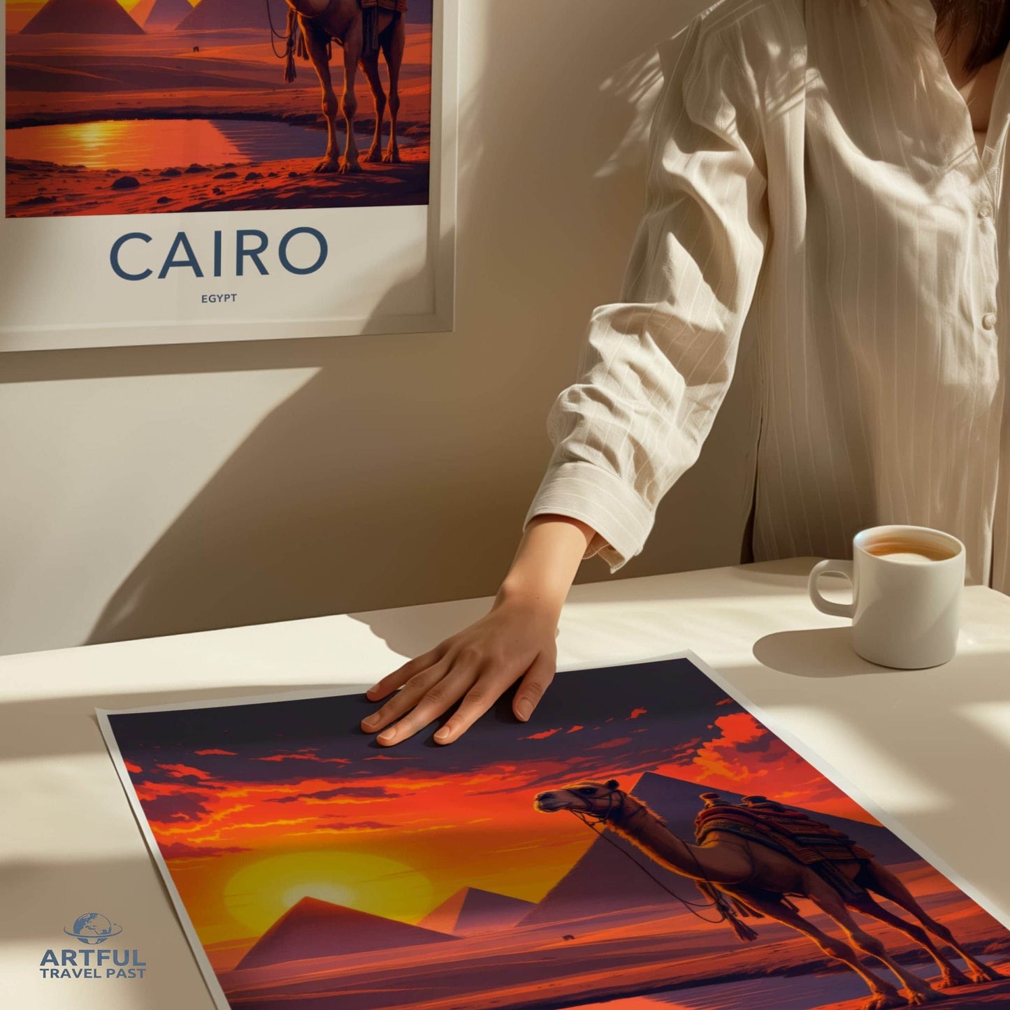 Cairo Poster - Egypt Travel Art - Camel Desert Sunset Home Decor
