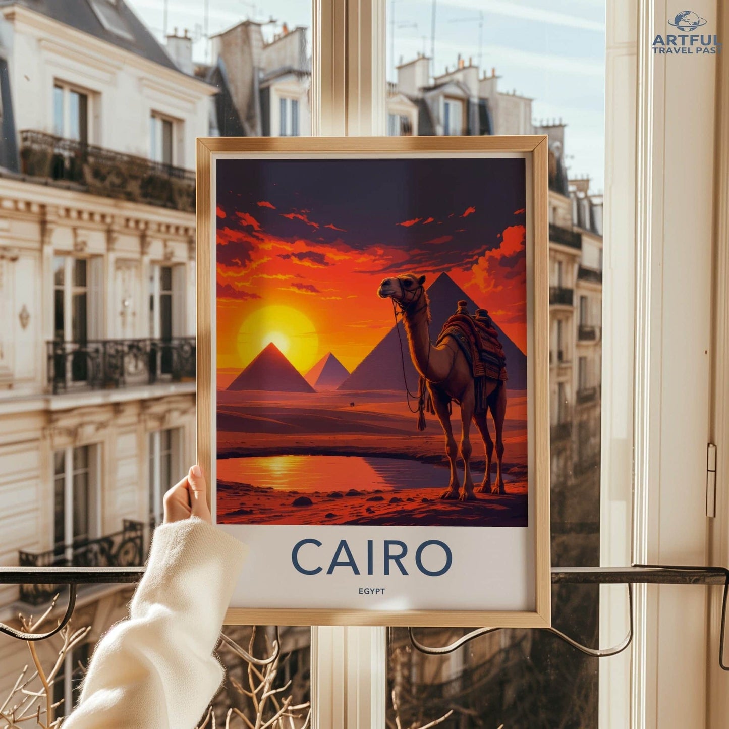 Cairo Poster - Egypt Travel Art - Camel Desert Sunset Home Decor