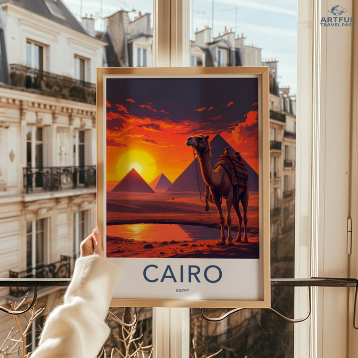 Cairo Poster - Egypt Travel Art - Camel Desert Sunset Home Decor