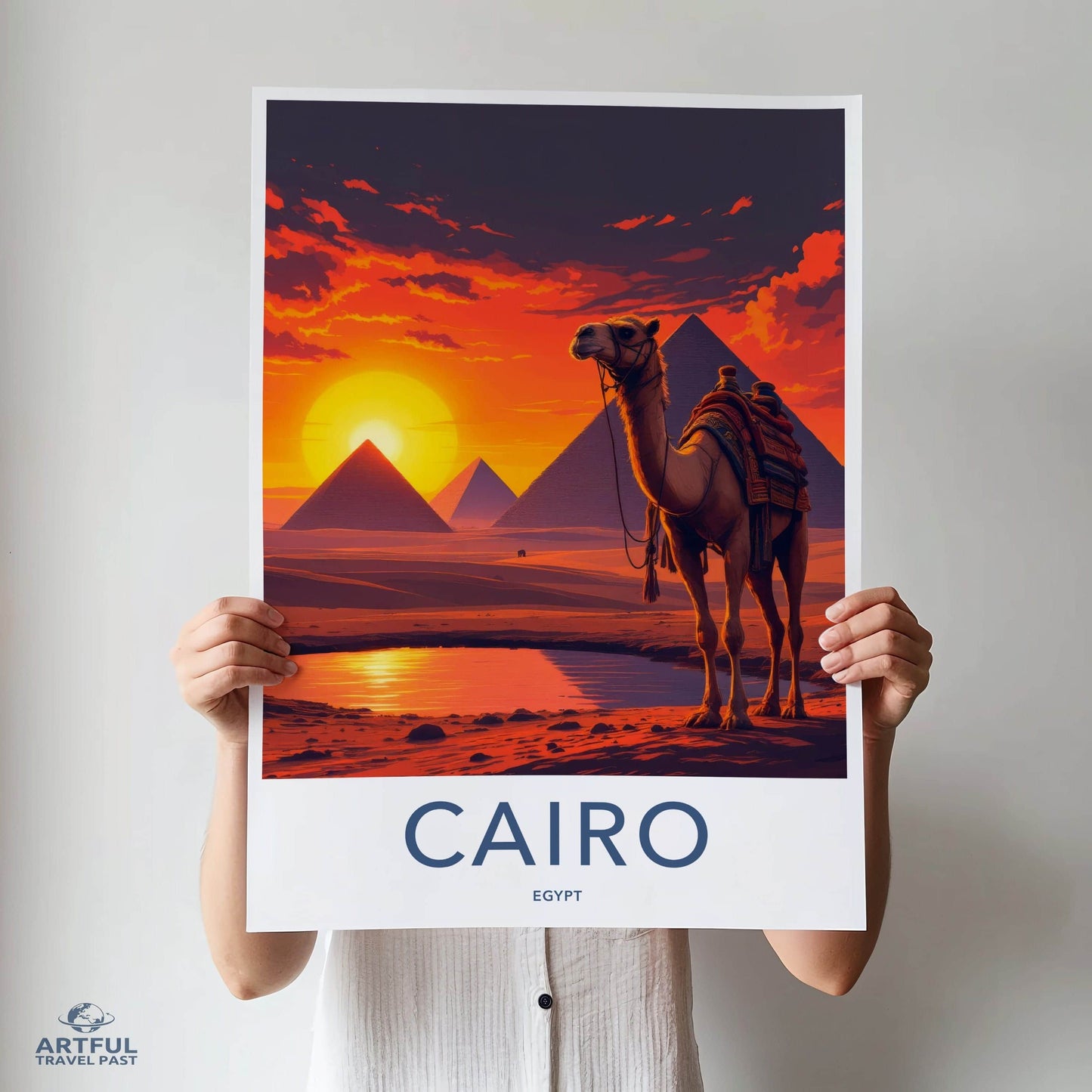 Cairo Poster - Egypt Travel Art - Camel Desert Sunset Home Decor